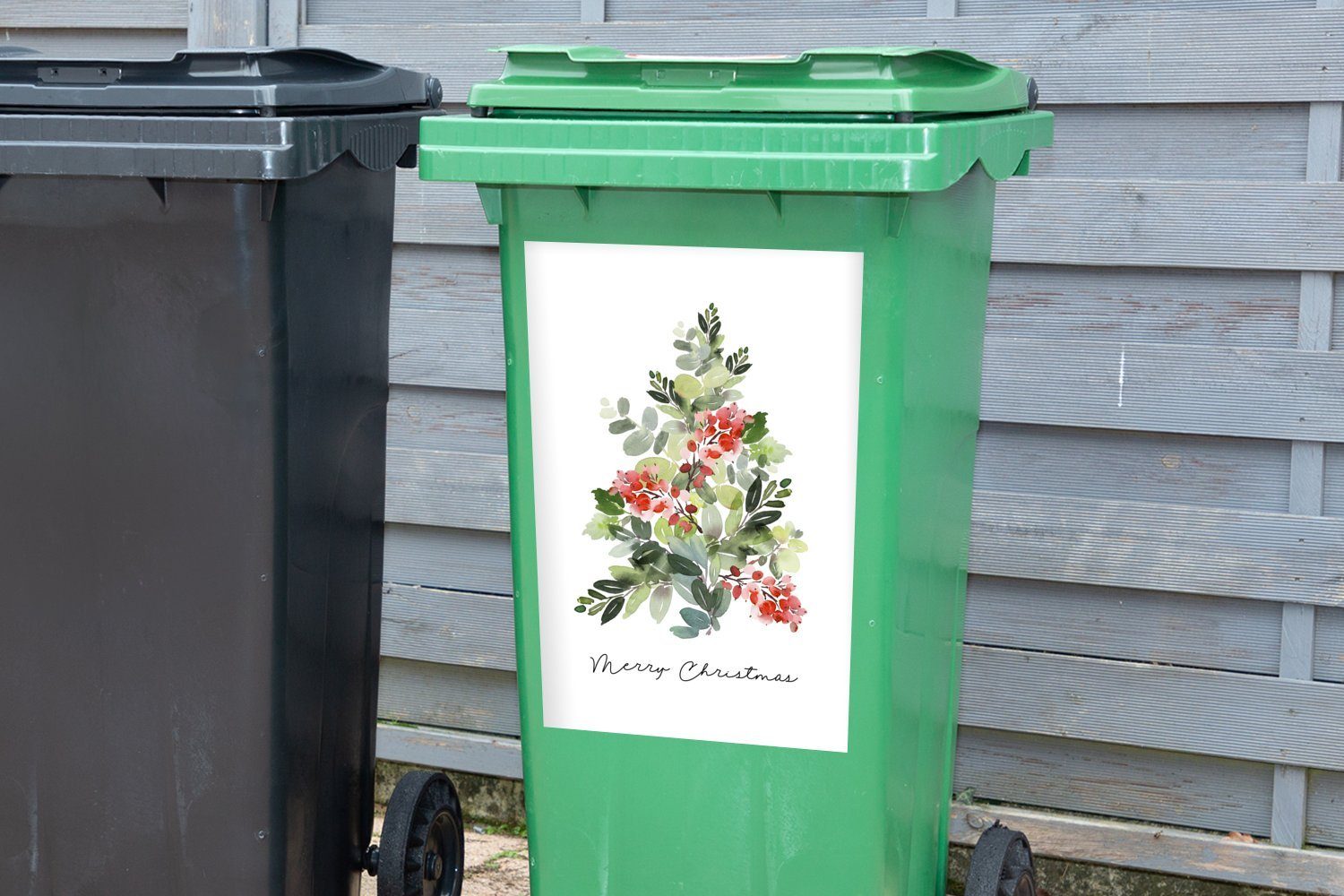 MuchoWow Wandsticker Mülleimer-aufkleber, - Mülltonne, Aquarell - Sticker, (1 Zitat Weihnachtsbaum St), Container, Abfalbehälter