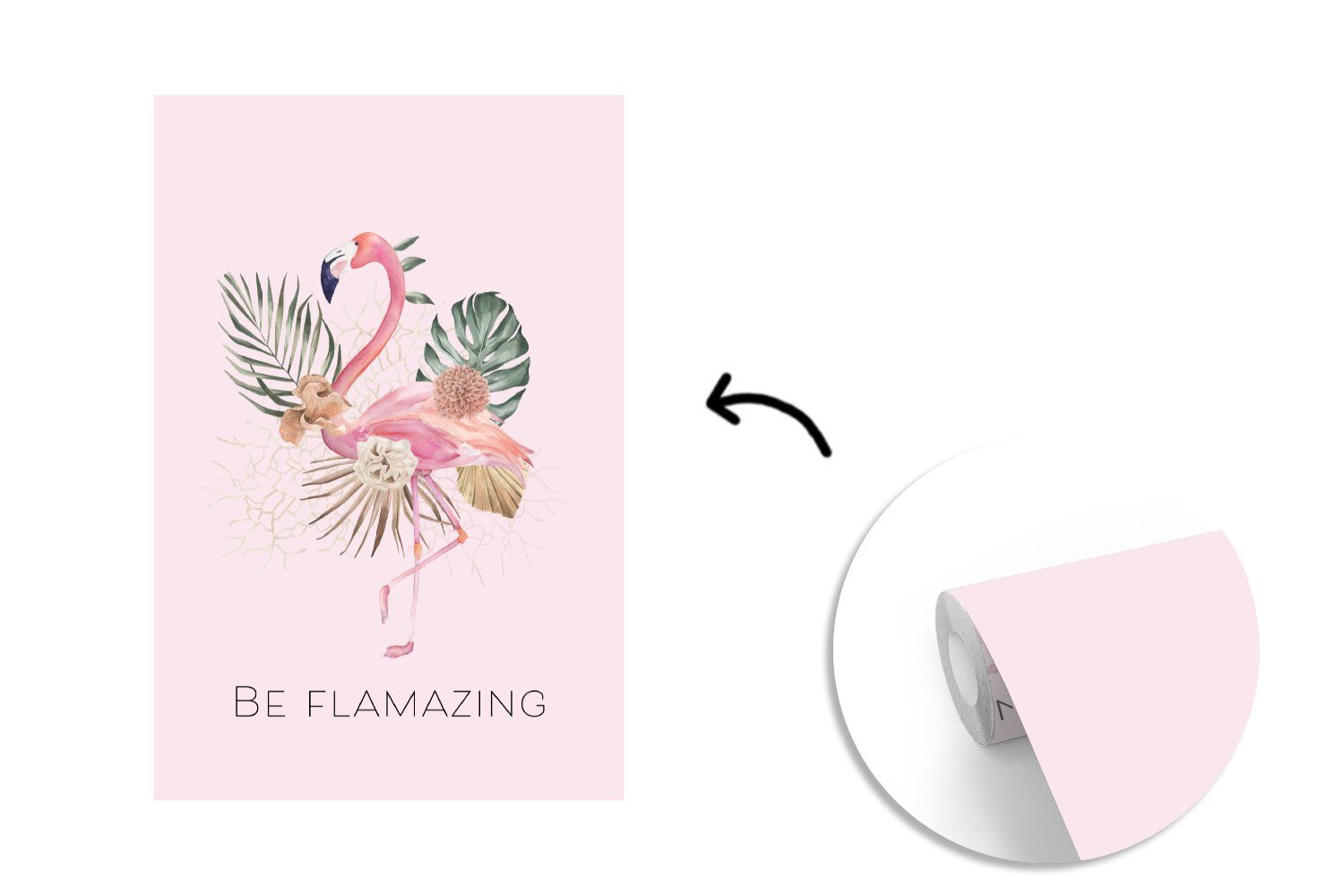 Flamingo Blumen Zitate, für bedruckt, Fototapete Tapete Wohnzimmer, Matt, MuchoWow - St), Montagefertig Vinyl - (3 Wandtapete