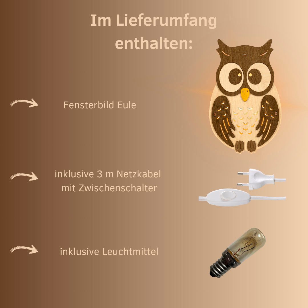 Weigla Beleuchtetes Fensterbild Eule, Fensterdekoration aus Holz, NATUR-BRAUN, Made in Germany, Erzgebirge garantiert, Herbstdeko Innen Holz, Fensterbeleuchtung