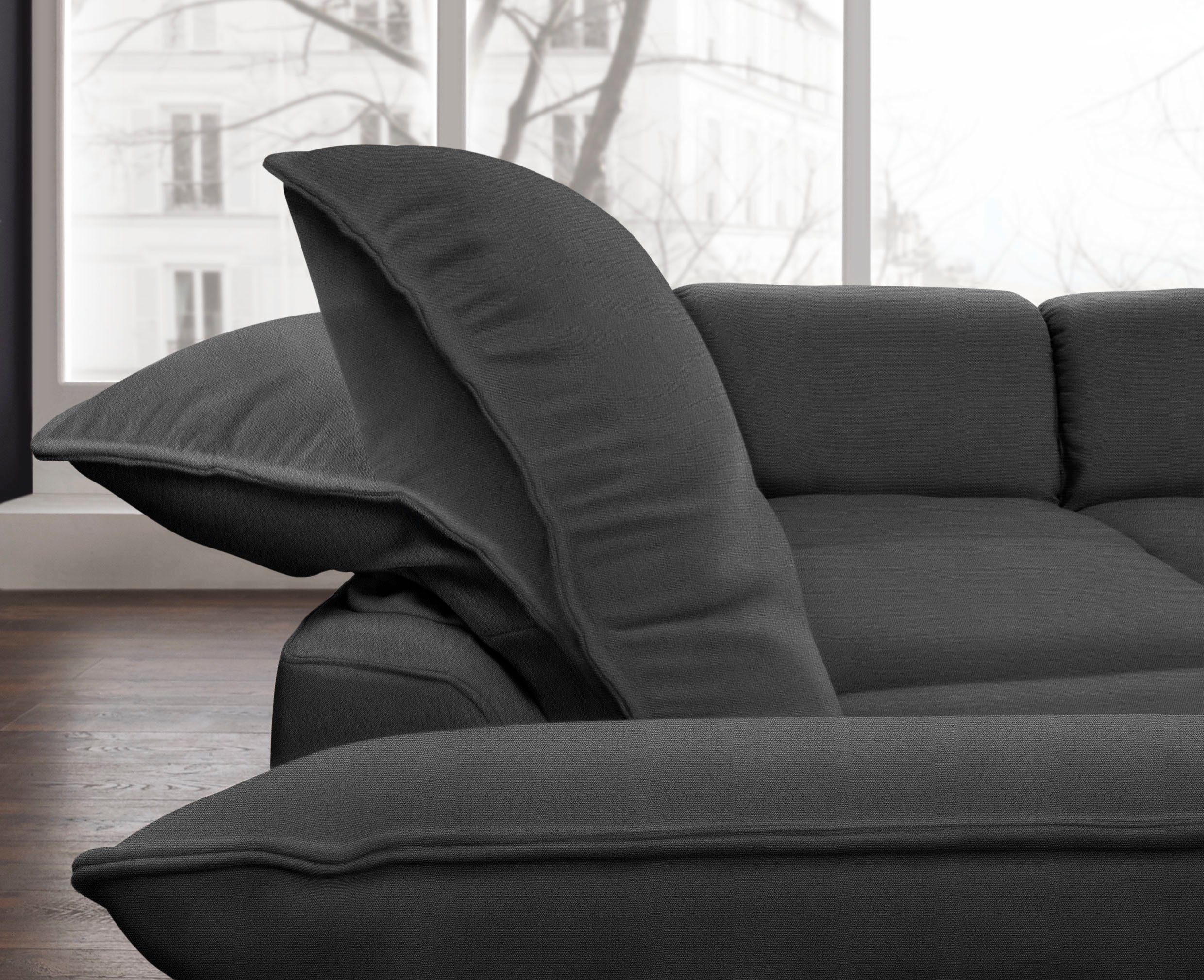 Chrom cm Ecksofa W.SCHILLIG Metallfüße, mit sherry, Breite Kopfstützenverstellung, glänzend, 302