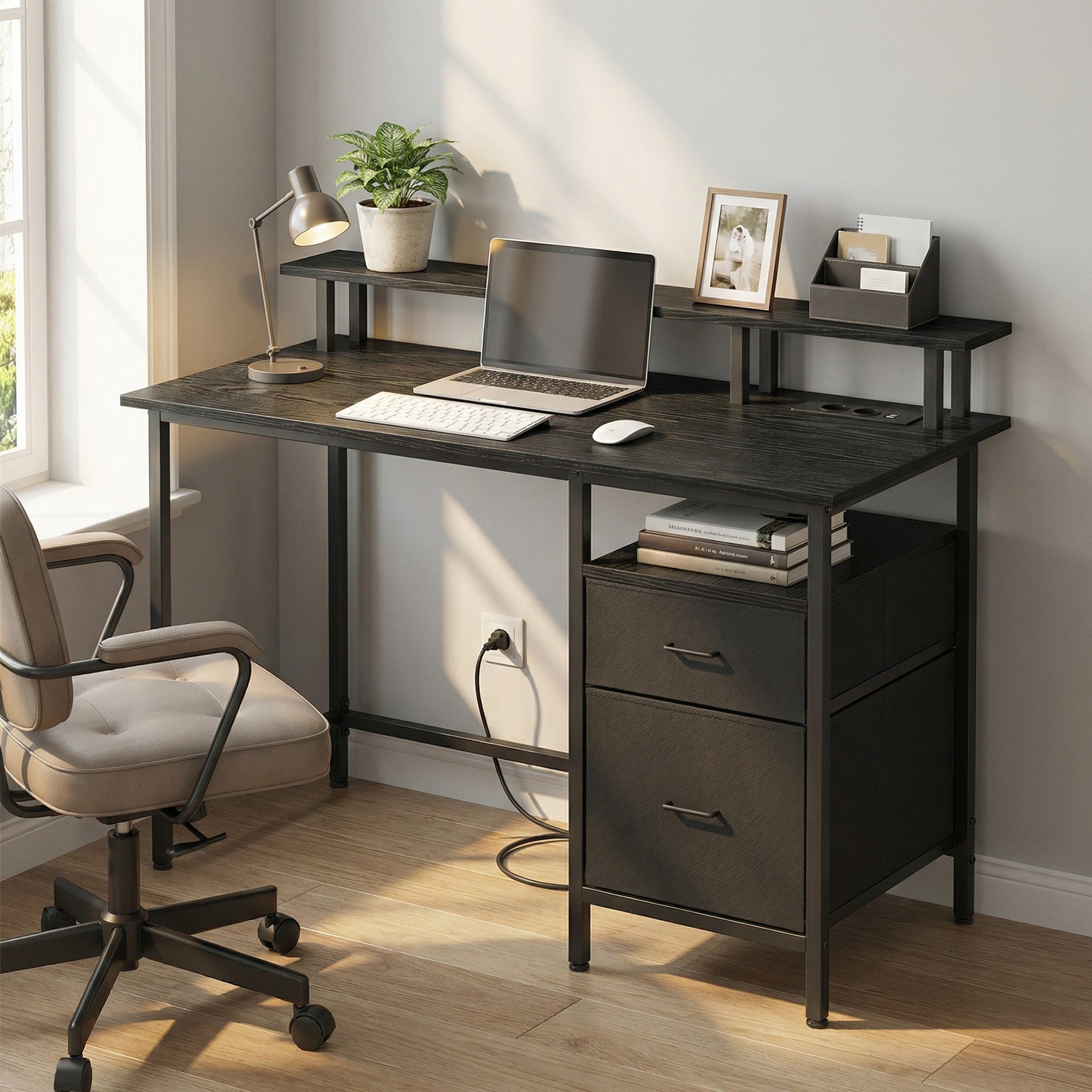 VASAGLE Schreibtisch mit Stoff-Schubladen, Computertisch mit Monitorständer, für Homeoffice, Bürotisch, 2 AC-Steckdosen, 2 USB-A-Anschlüsse, 120 x 60 cm