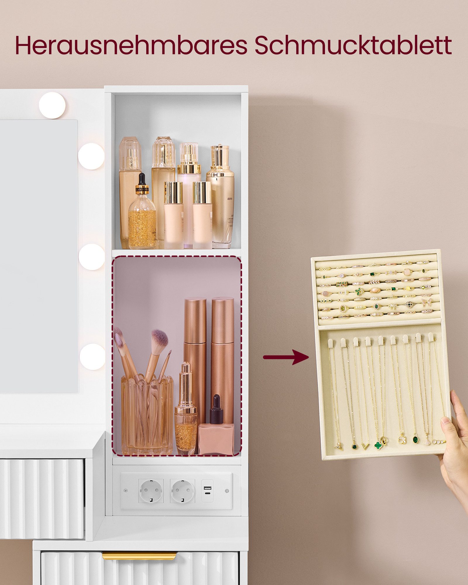 VASAGLE Schminktisch Frisiertisch mit Schubladen, Hocker, LED-Leuchten (Set, 1 Tisch mit 1 Hocker), Kosmetiktisch, 10x Vergrößerungsspiegel, Schmucktablett, Lad – Bild 5 von 5