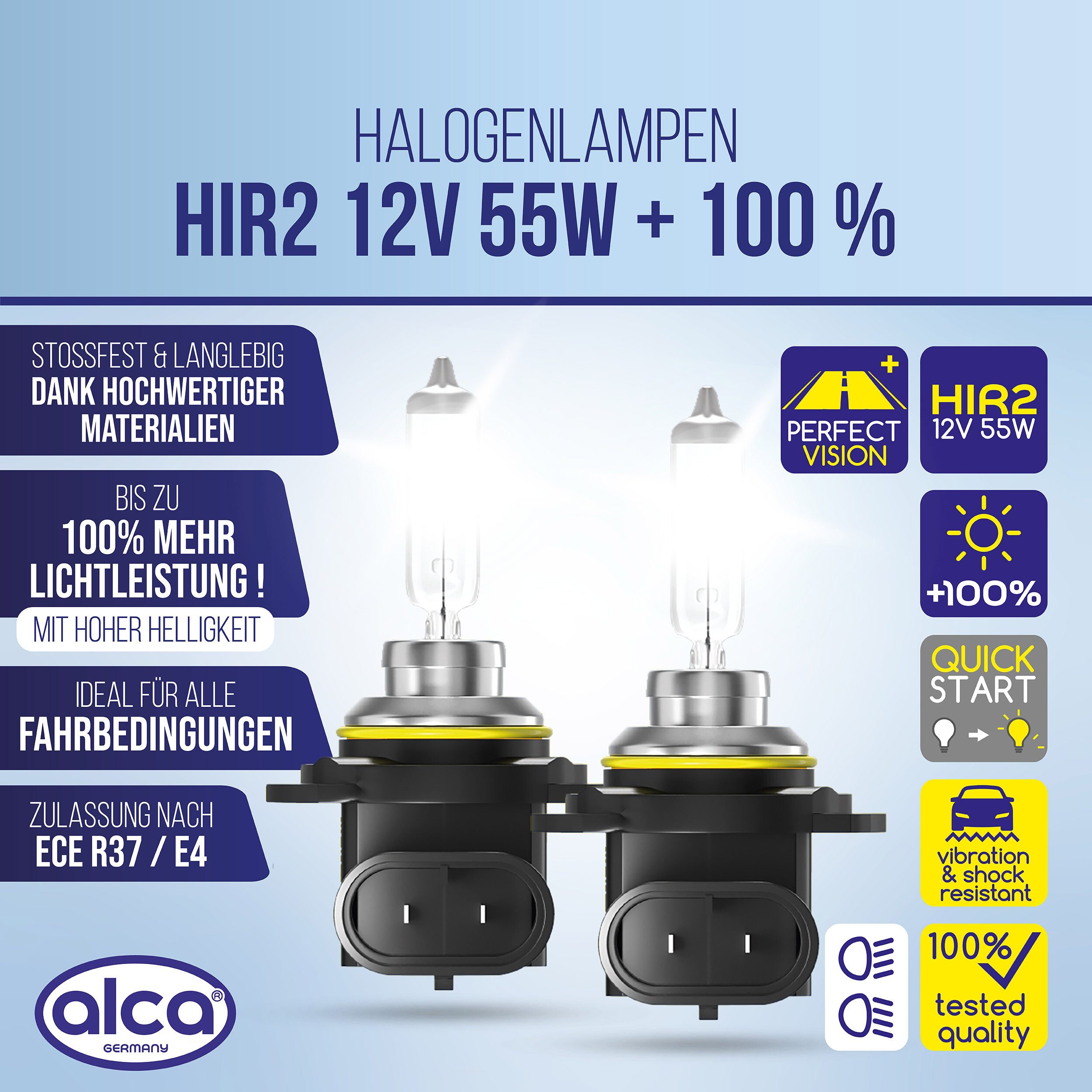 alca KFZ-Ersatzleuchte 2 Stück HIR2 Halogen Lampe Auto Px22d 12V 55W Halogen +100% Helligkeit, 2 St.