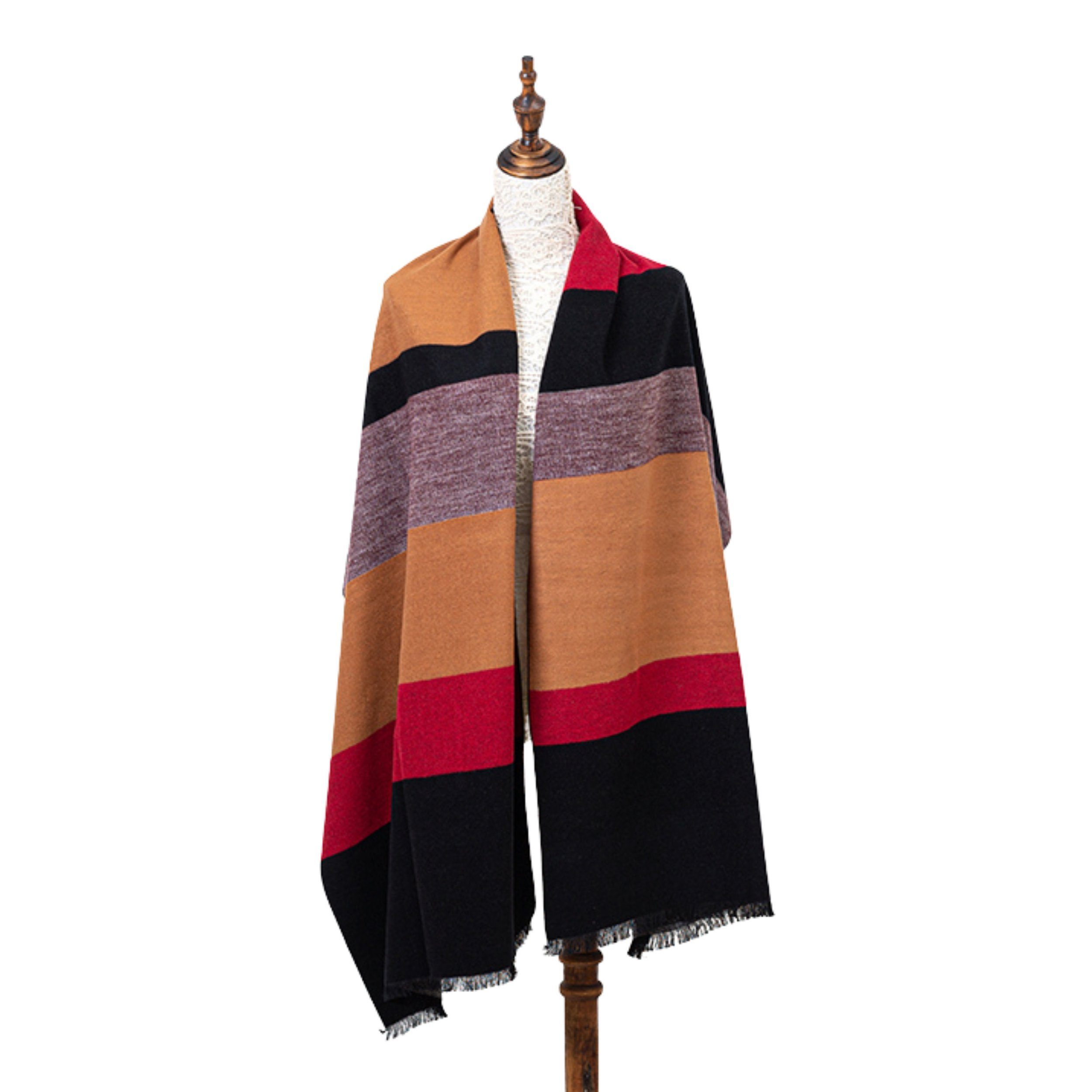 TINITEX XXL-Schal Winterschal XXL Seidenflanell Schal Stola gestreift schwarz braun rot