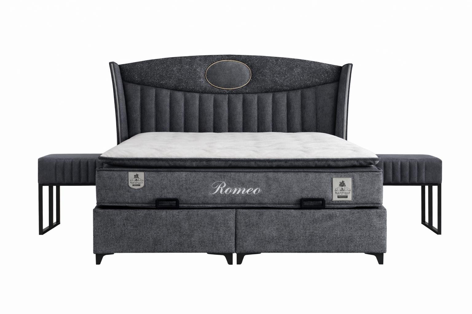 JVmoebel Boxspringbett Schlafzimmergarnitur Moderner Stil Grau Bett mit Stauraum Stoffbezug