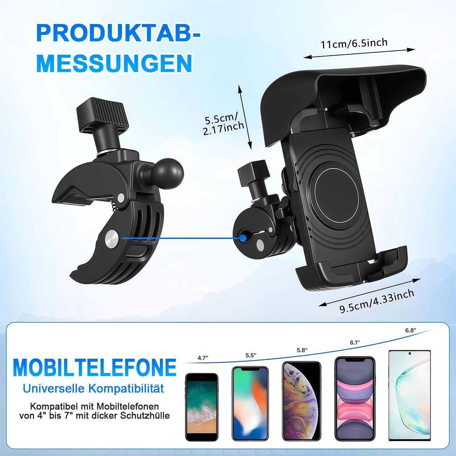 MOPUEA Smartphone-Halterung Handyhalterung Fahrrad 360° Drehbar Sonnenschutz Stoßfest Outdoor, (Handyhalterung mit Sonnenschutz und 360° Drehfunktion, Für Fahrr – Bild 4 von 5