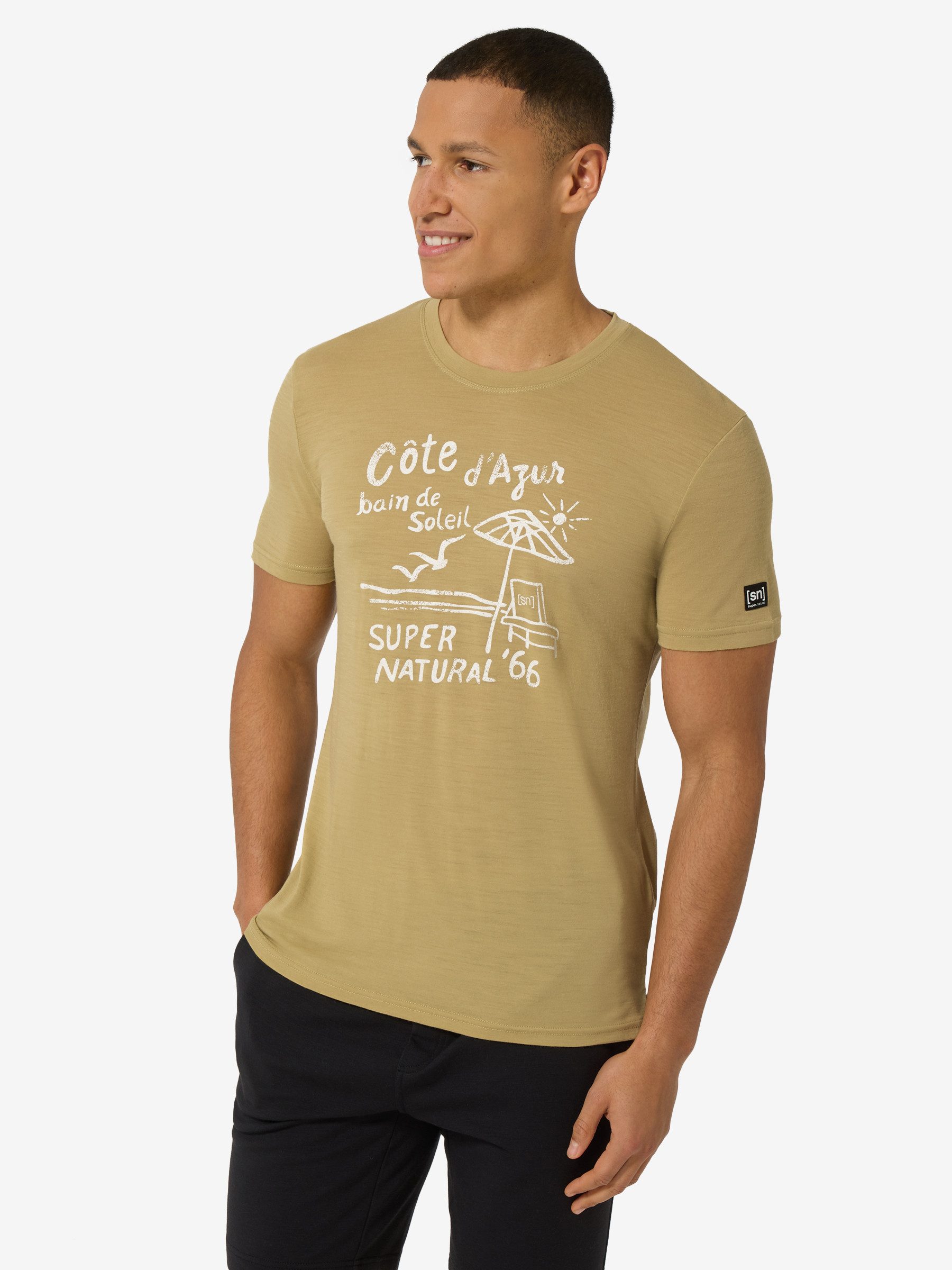 SUPER.NATURAL T-Shirt für Herren,Merino M COTE D'AZUR TEE mit Sommer-Motiv, atmungsaktiv