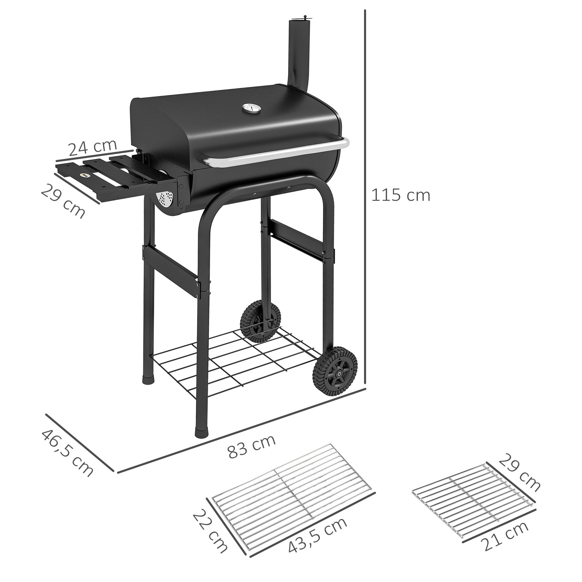 Outsunny Holzkohlegrill mit Regalen, tragbarer BBQ-Wagen-Räucherofen mit Rädern, Deckel, Kohlegrill, Grillwagen, für Garten, Terrasse, Balkon, Dachterrasse, schwarz