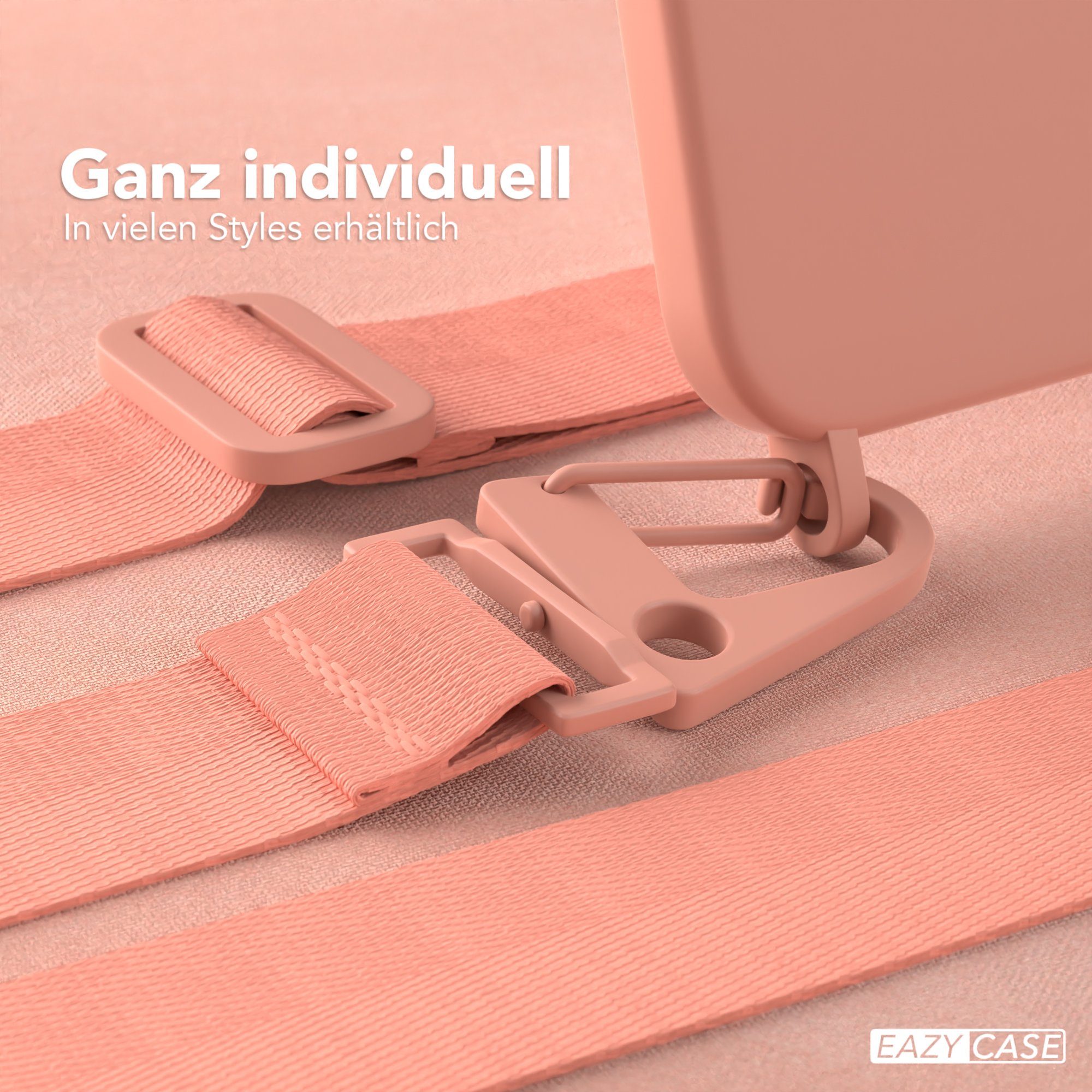 EAZY CASE Handykette Karabiner Breitband für Apple iPhone 13 Pro 6,1 Zoll, Silicon Handyhülle mit breiter Kette Carabiner Necklace Altrosa Coral