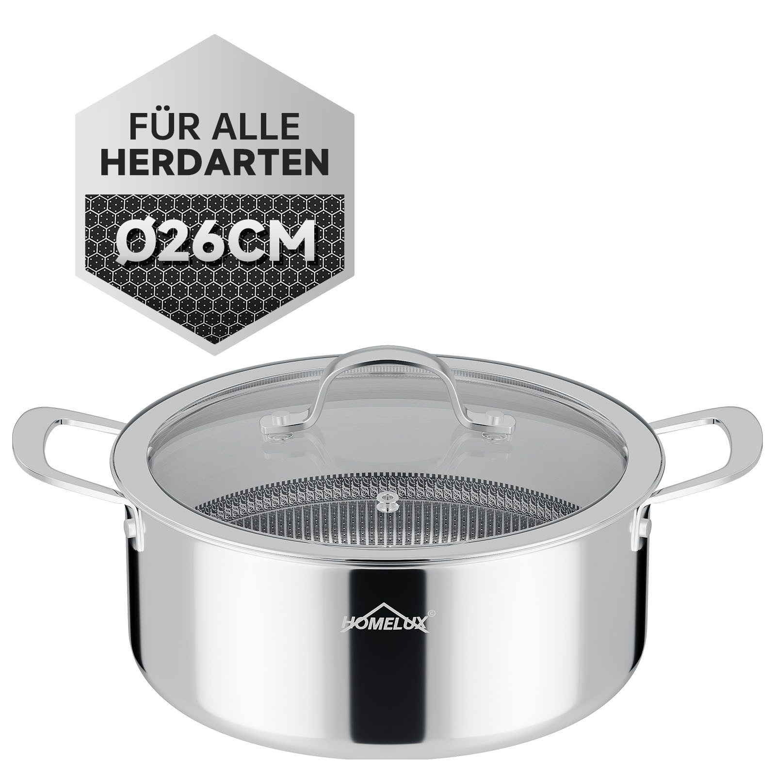 HOMELUX Suppentopf Edelstahl Kochtopf,Wabenstruktur Suppentopf Induktion,Backofengeeignet, Edelstahl (1 x 26cm 5,2L Edelstahl Kochtopf), Induktion