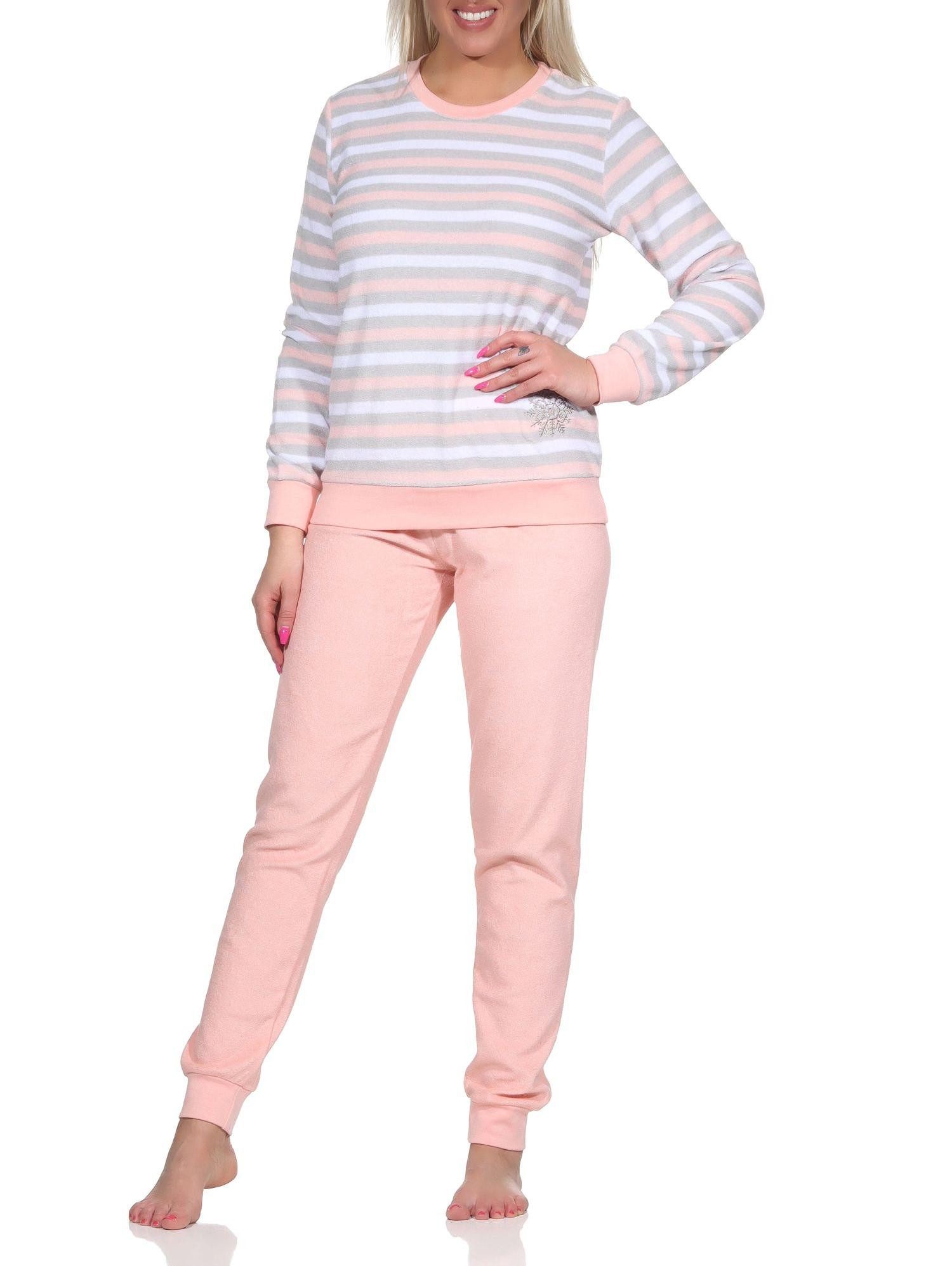 Normann Pyjama Damen Frottee Schlafanzug Pyjama in Ringel-Optik + Eiskristall-Motiv – Bild 2 von 5