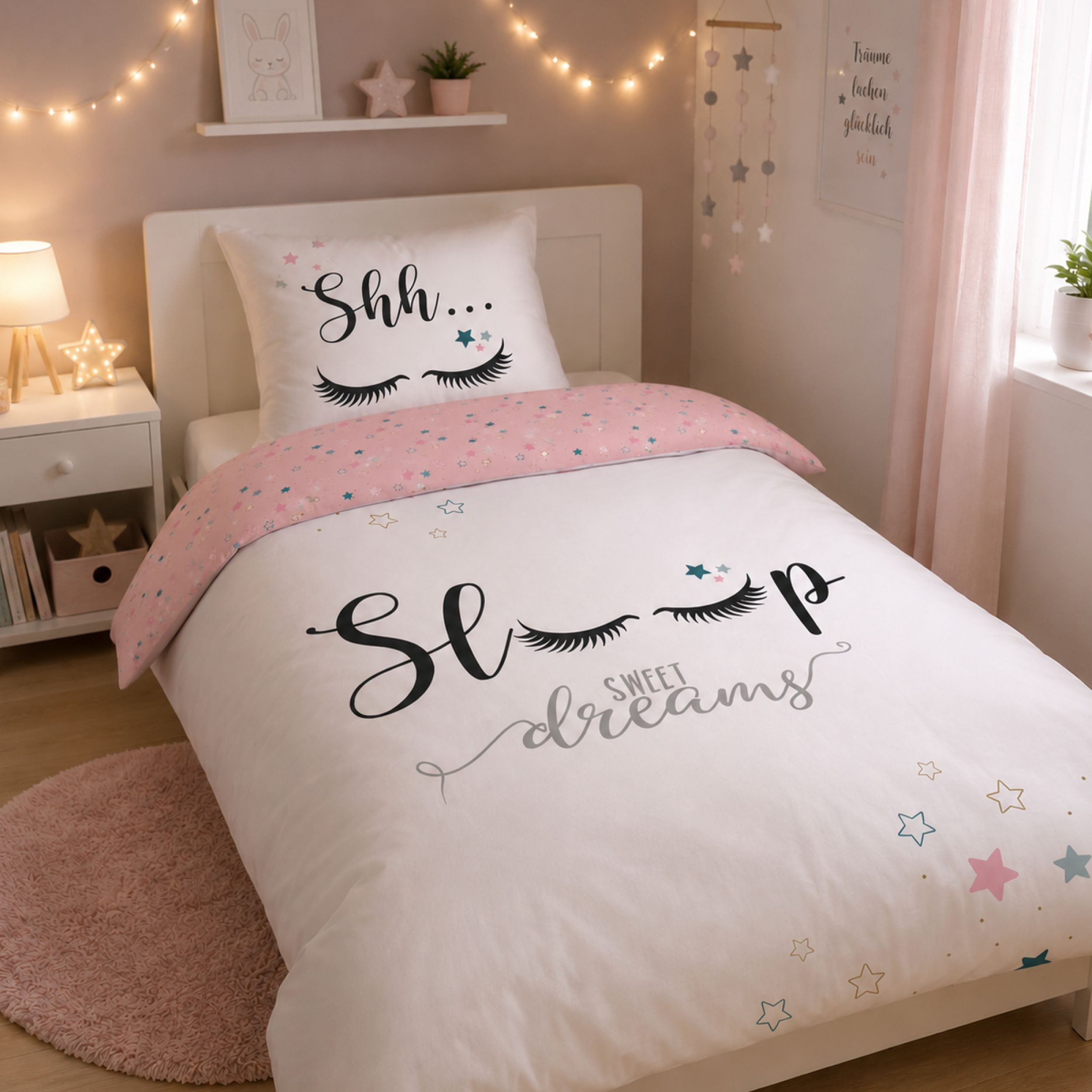 Familando Bettwäsche Sterne Sweet Dreams 135x200 80x80cm 100% Baumwolle Reißveschluss, Renforcé, 2 teilig, für Kinder und Erwachsene im Bohemian Boho Style Rosa