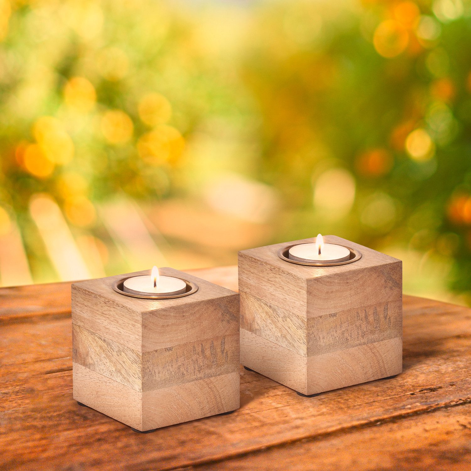 Marrakesch Orient & Mediterran Interior Teelichthalter 4er Set Skandinavischer Teelichthalter Massivo Natur aus Holz 7,5 cm (4 St), Handarbeit