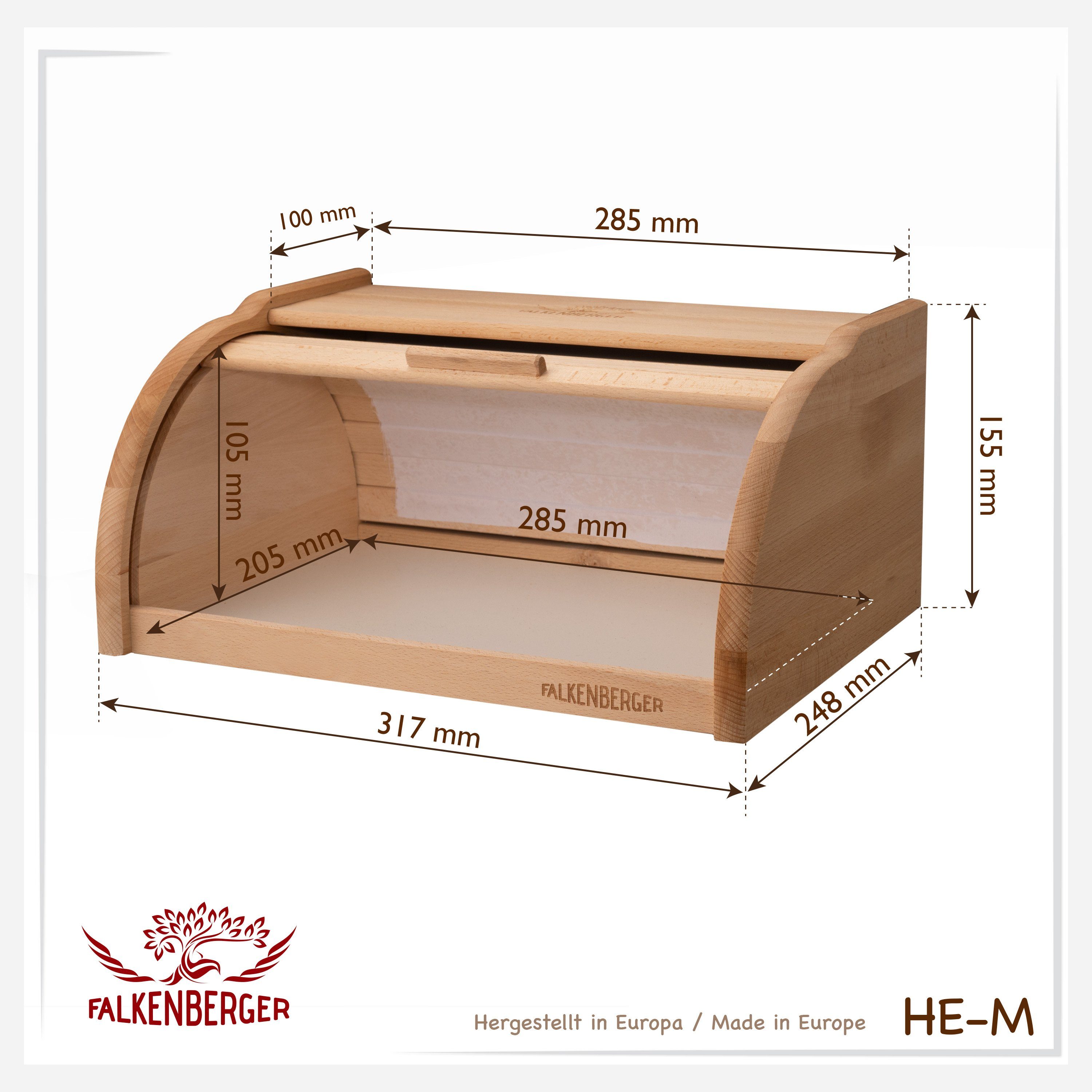 M (1-tlg., Roll-Deckel Brotkasten Brot Teilig), mit 1 Handmade Holz, FALKENBERGER Brotbox 31,7x24,8x15,5cm, Rollbrotkasten traditionell Brotkasten für