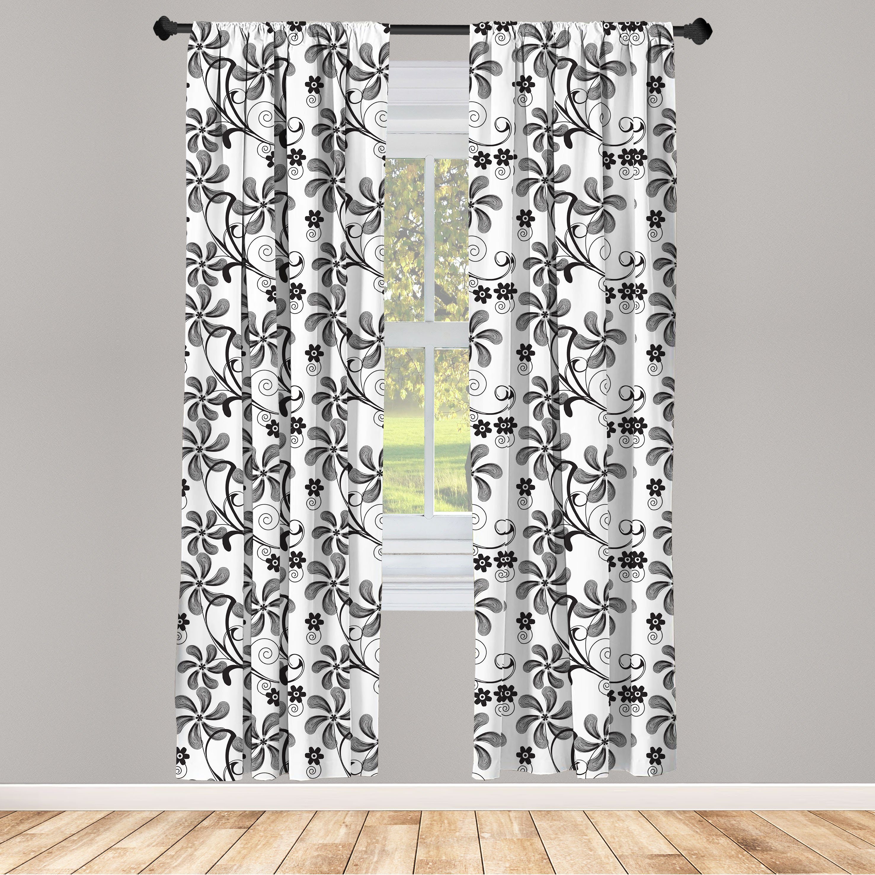 Gardine Vorhang für Wohnzimmer Schlafzimmer Dekor, Abakuhaus, Microfaser, Blumen Monochrome Doodle Plants