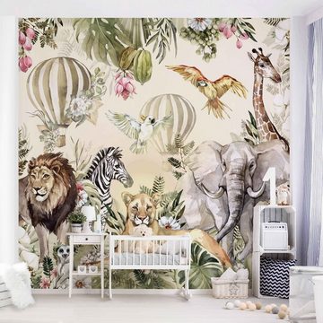 Bilderdepot24 Kindertapete Kinderzimmer Aquarell Tiere Ballon Dschungel Kinder Wanddeko, Glatt, Matt, (Inklusive Gratis-Kleister oder selbstklebend), Mädchenzimmer Jungenzimmer Babyzimmer Bildtapete Fototapete Wandtapete