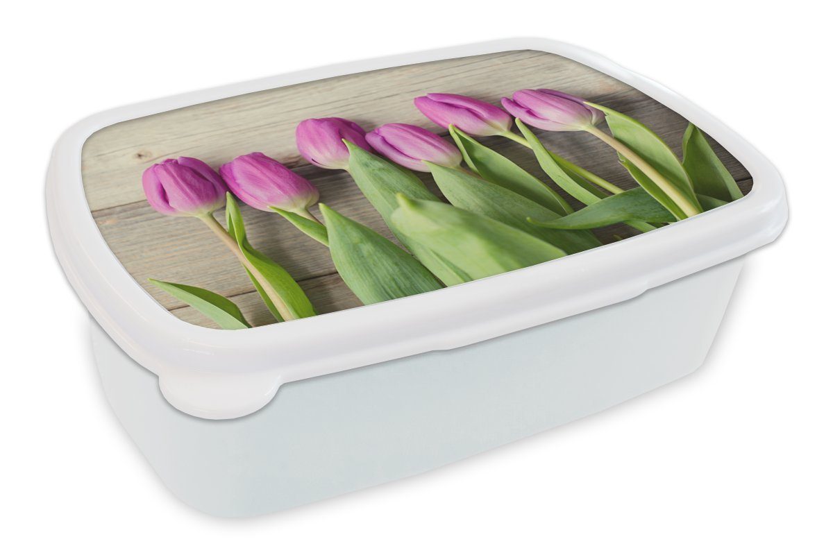 MuchoWow Lunchbox Lila Tulpen, Kunststoff, (2-tlg), Brotbox für Kinder und Erwachsene, Brotdose, für Jungs und Mädchen weiß