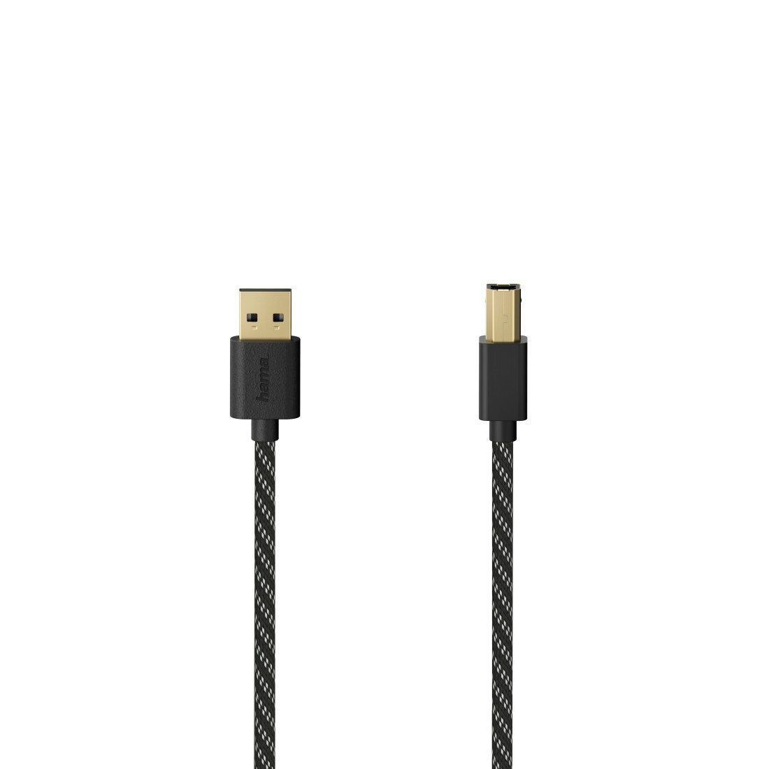 Hama USB-Kabel, vergoldet, Gewebe, USB-B auf USB-A, 1, 5m, Schwarz USB-Kabel, USB Typ B, USB Typ A, (150 cm), 480 Mbit/s, robuster und flexibler Gewebemantel, vergoldeter Stecker