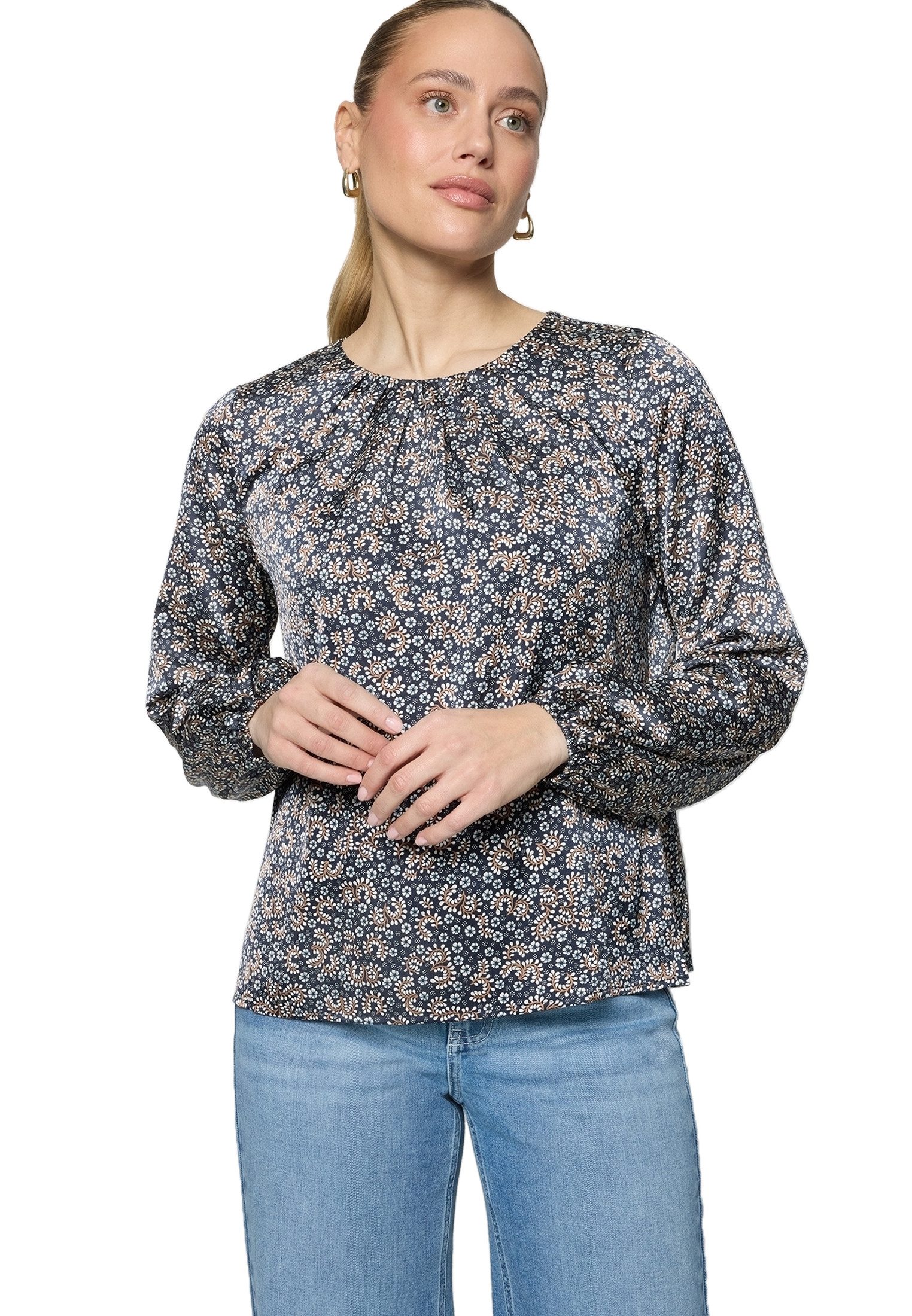Zero Satinbluse Damen langarm mit Blumen