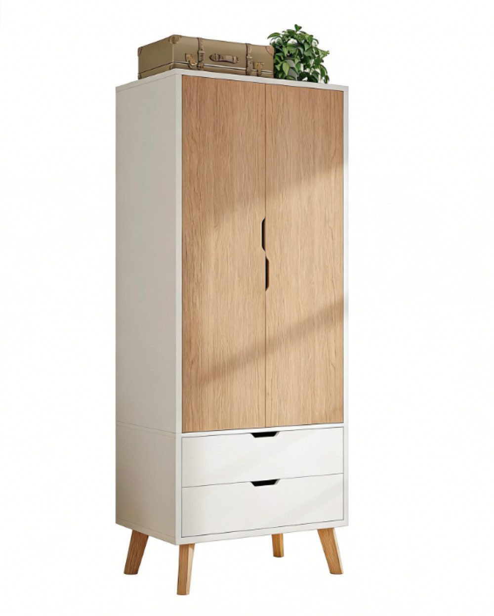 AMERLIFE Kleiderschrank 198x76x50 cm – Weiß & Holzoptik, 2 Schubladen, Kleiderstange (1-St) Platzsparend, Stabil & Sicher – Ideal für kleine Räume mit Kippschutz