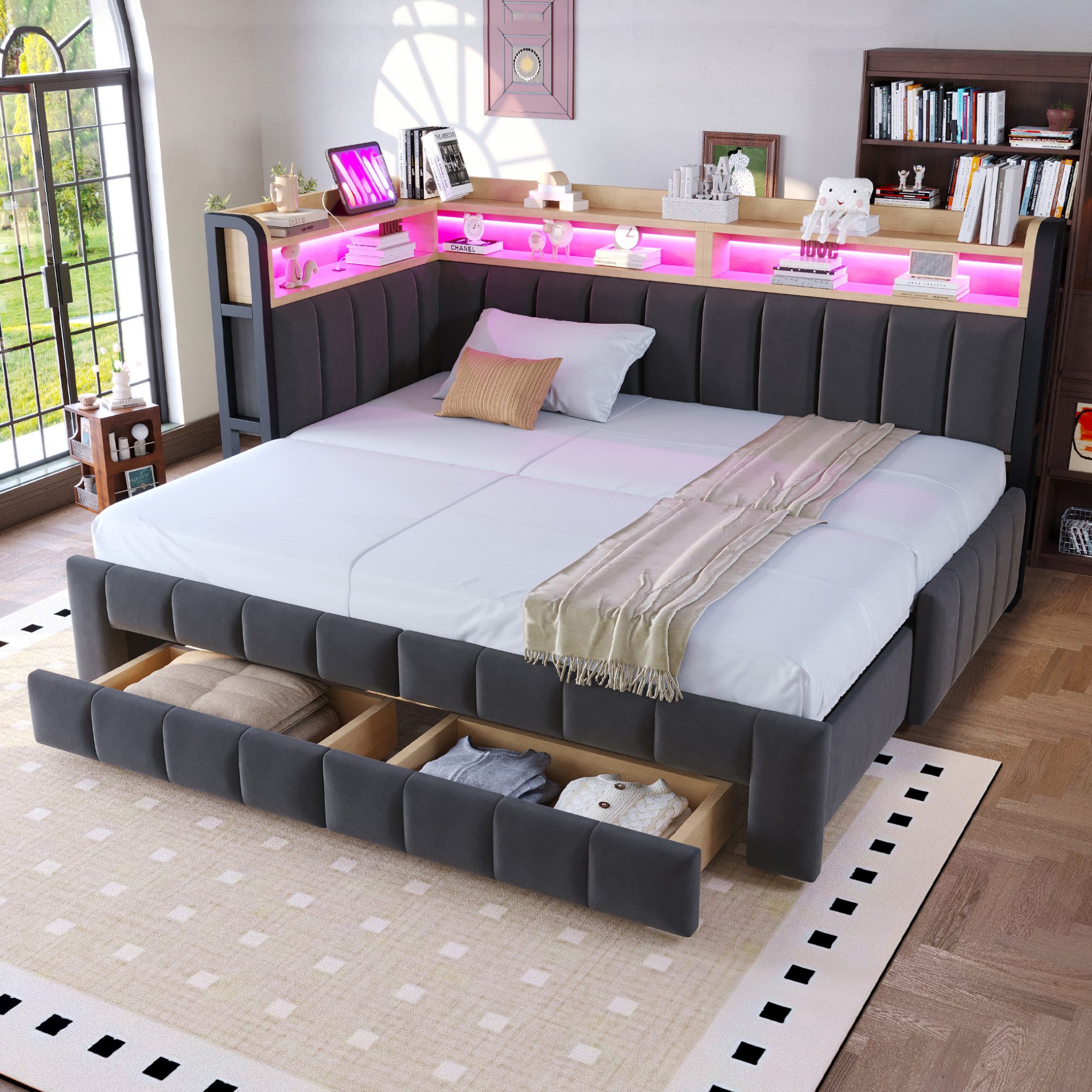 Flieks Daybett, LED Polsterbett Schlafsofa 90/180x200cm mit Aufladen, 2 Schubladen