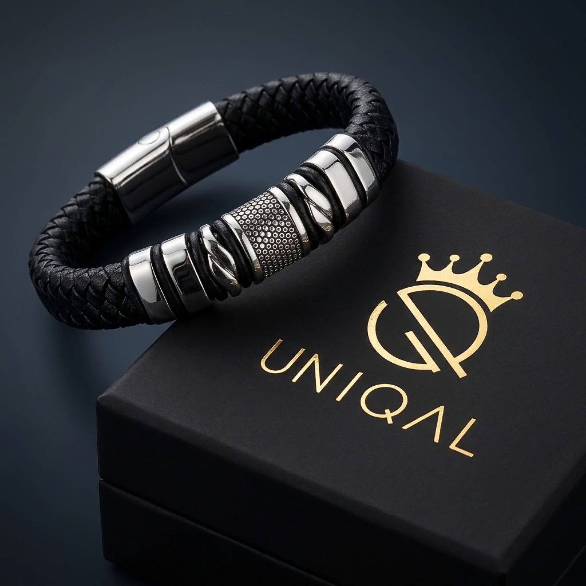 UNIQAL.de Lederarmband „MAMBA“ – Maskulines Design in Schwarz & Silber (Echtleder, Edelsthal, Magnetverschluss mit Verlängerungsglied, perfektes Geschenk, Bewäh – Bild 2 von 5