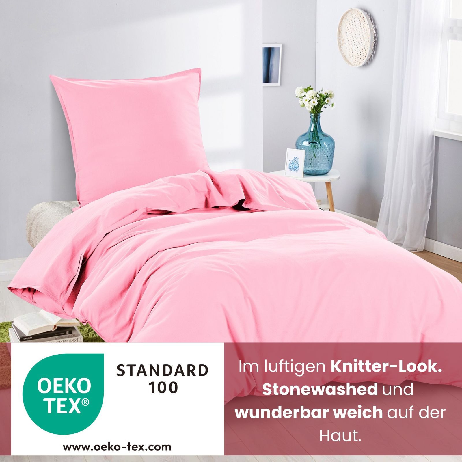 wometo Bettwäsche Stone Washed 135x200 Renforcé, Baumwolle, 2 teilig, OEKO-TEX®, 100% Baumwolle, Bettwäsche im Knitterlook mit Stehsaum – Bild 4 von 5