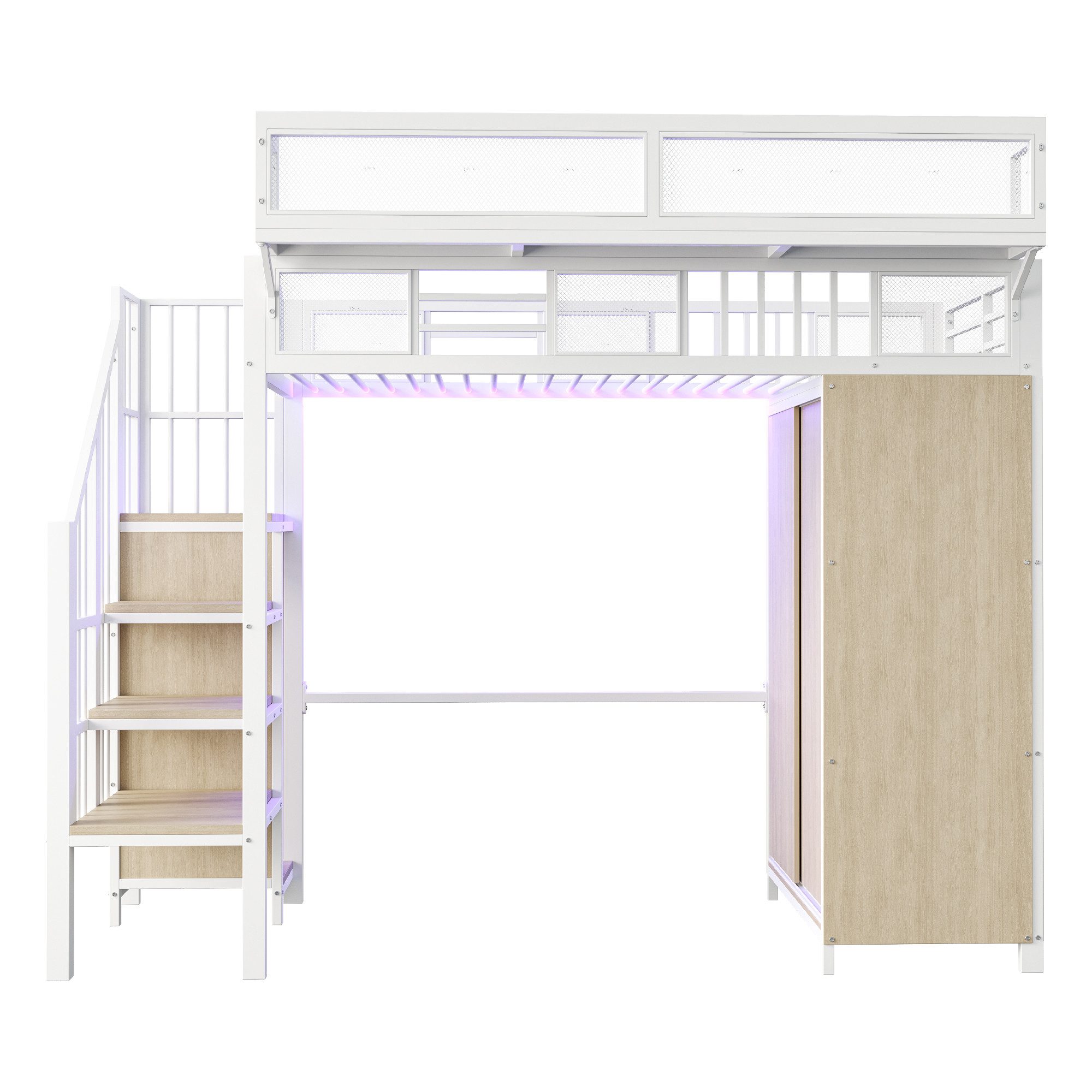 KLAM HOME Hochbett Hochbett Mit Integriertem Kleiderschrank Und LED Beleuchtung (Metall Hochbett 90x200 Mit Sicherheitsleiter Und Netz Gittern) Platzsparendes Etagenbett Mit Schreibtisch Für Jugendliche