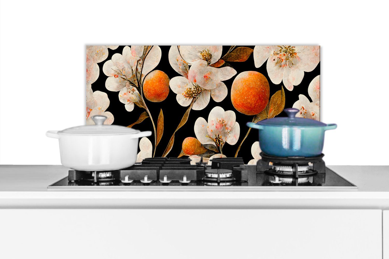 - Blumen Küchen Schmutzflecken für Wandschutz, Orange Küchenrückwand - Natur, und Weiß (1-tlg), 60x30 cm, gegen - MuchoWow Fett