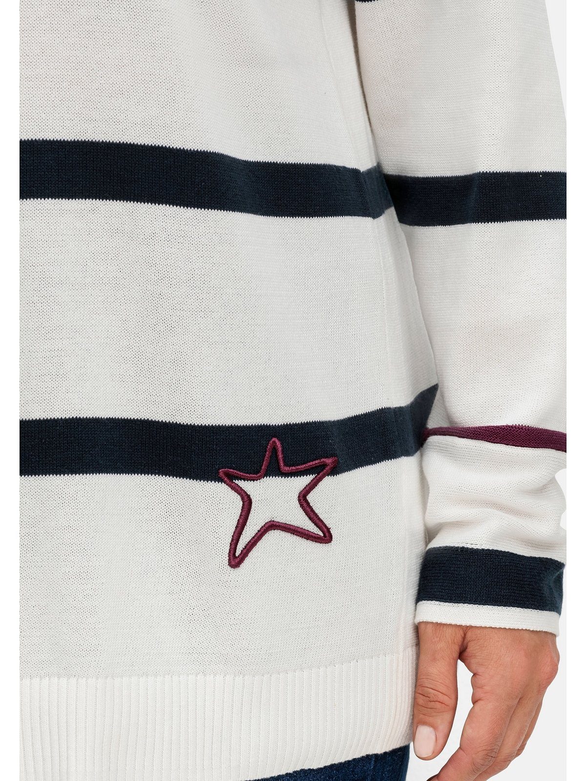 Sheego Strickpullover Große offwhite mit gestreift Größen Baumwolle aus Stern-Stickerei
