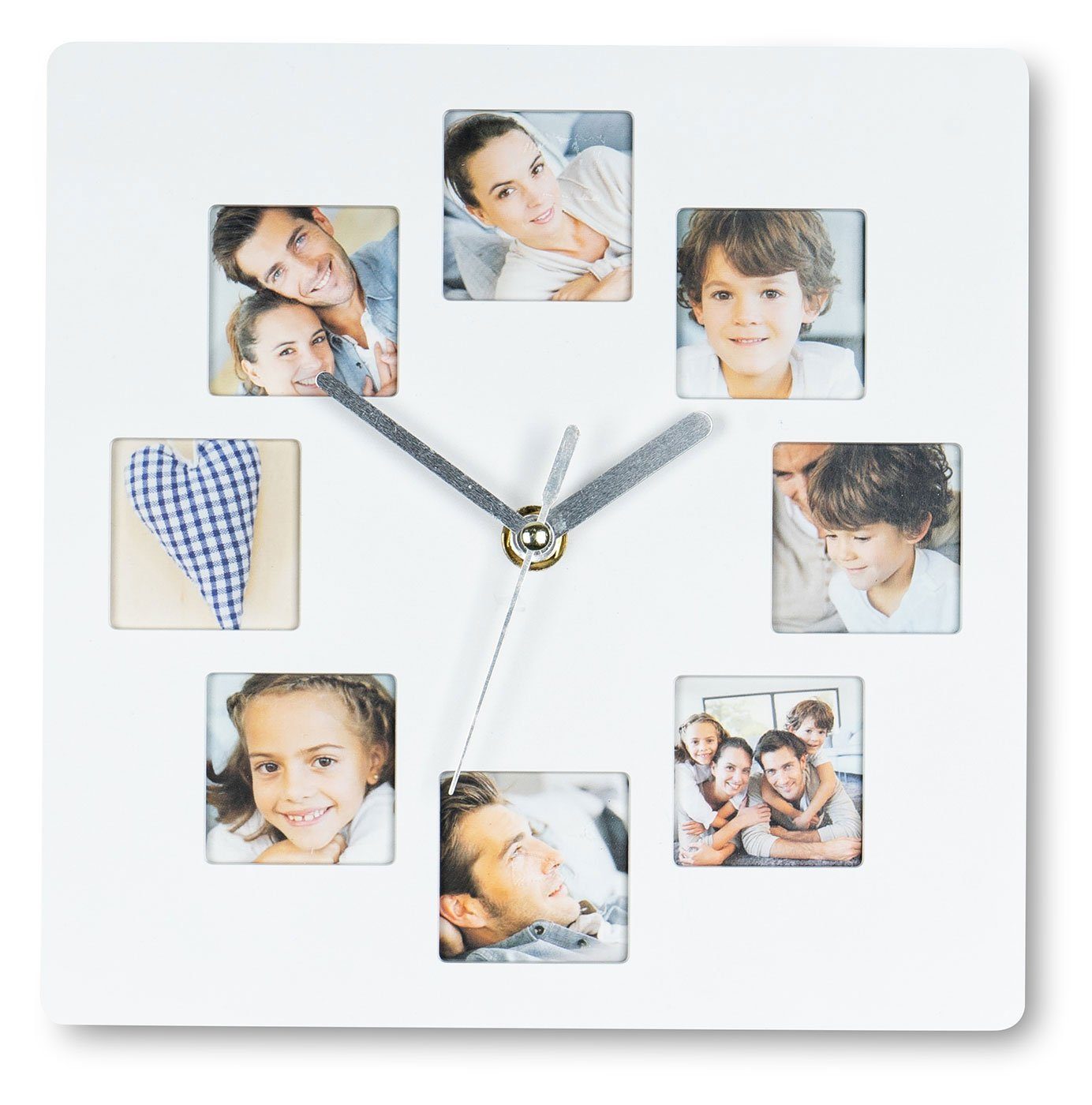 Levandeo® Bilderrahmen Collage, Wanduhr Weiß 21x21cm Fotouhr 8 Fotos Bilder günstig online kaufen
