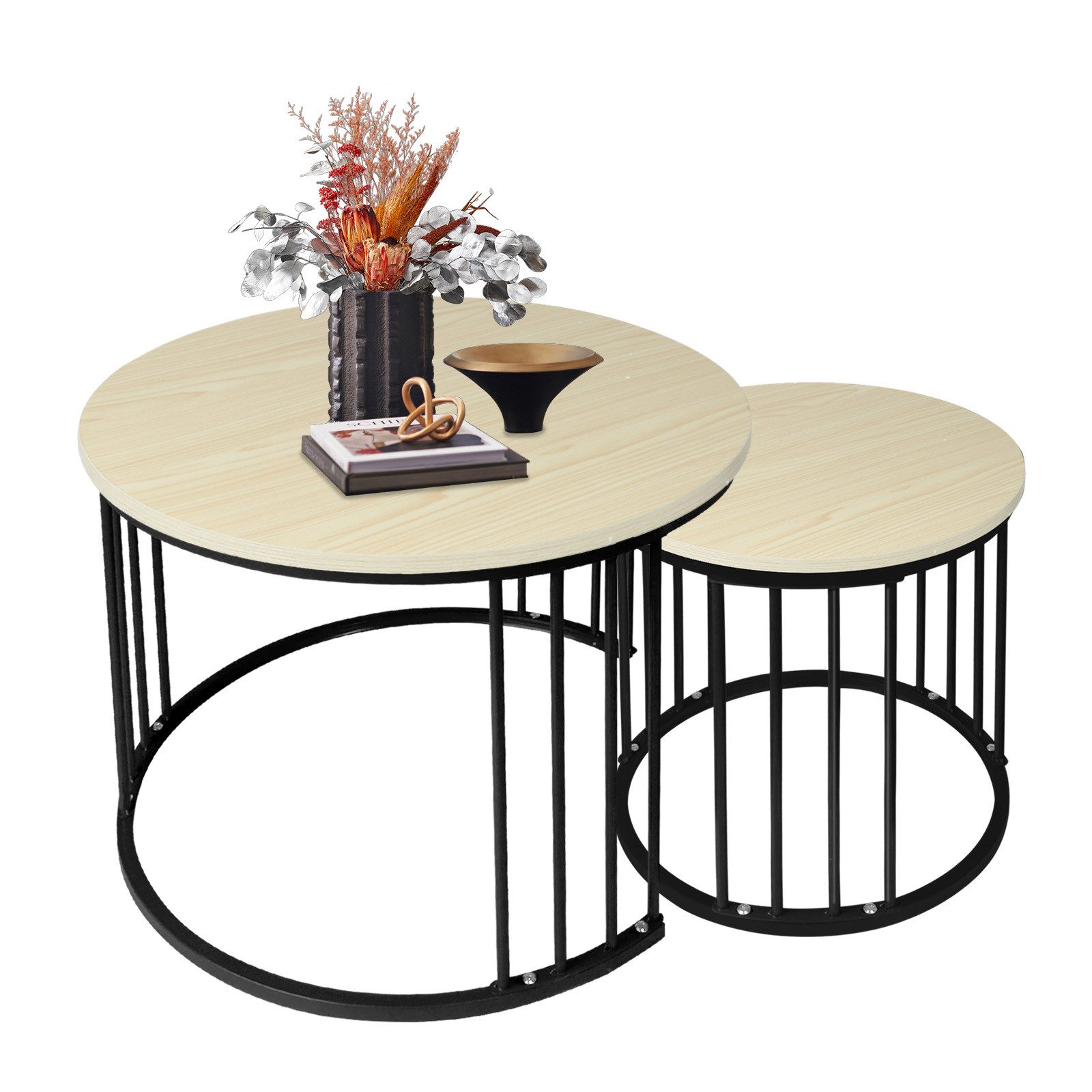JEOBEST Couchtisch 2 Stücke Beistelltisch Set Rund, Living Room Table, Kaffeetisch, (2-St, Holz & Metall) Industrial Wohnzimmertisch