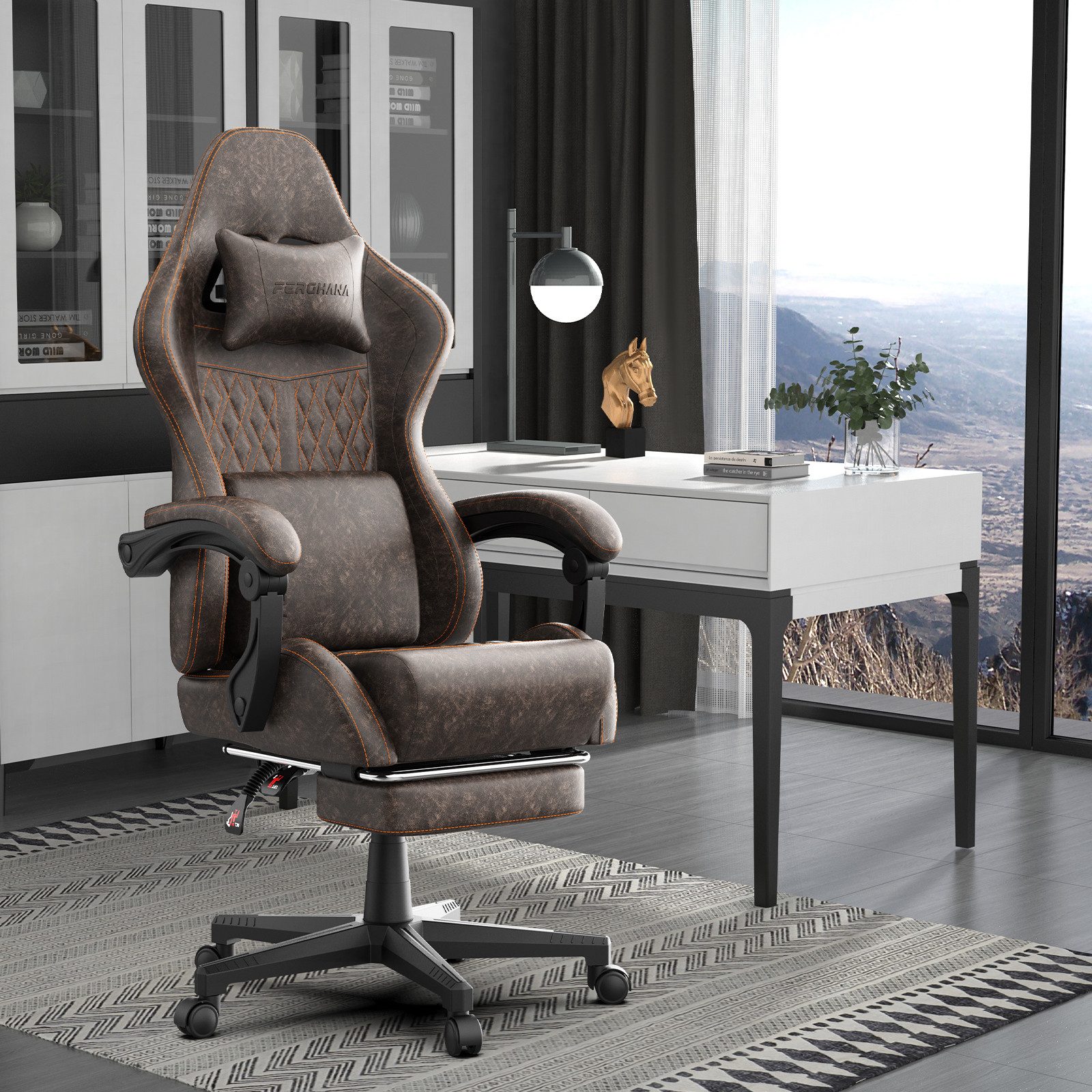 Ferghana Gaming-Stuhl Ergonomisch,Racing Gamer Sessel mit Fußstütze, Lendenkissen,Kopfkissen (Packung), PU Leder Computerstuhl, 360° drehbar