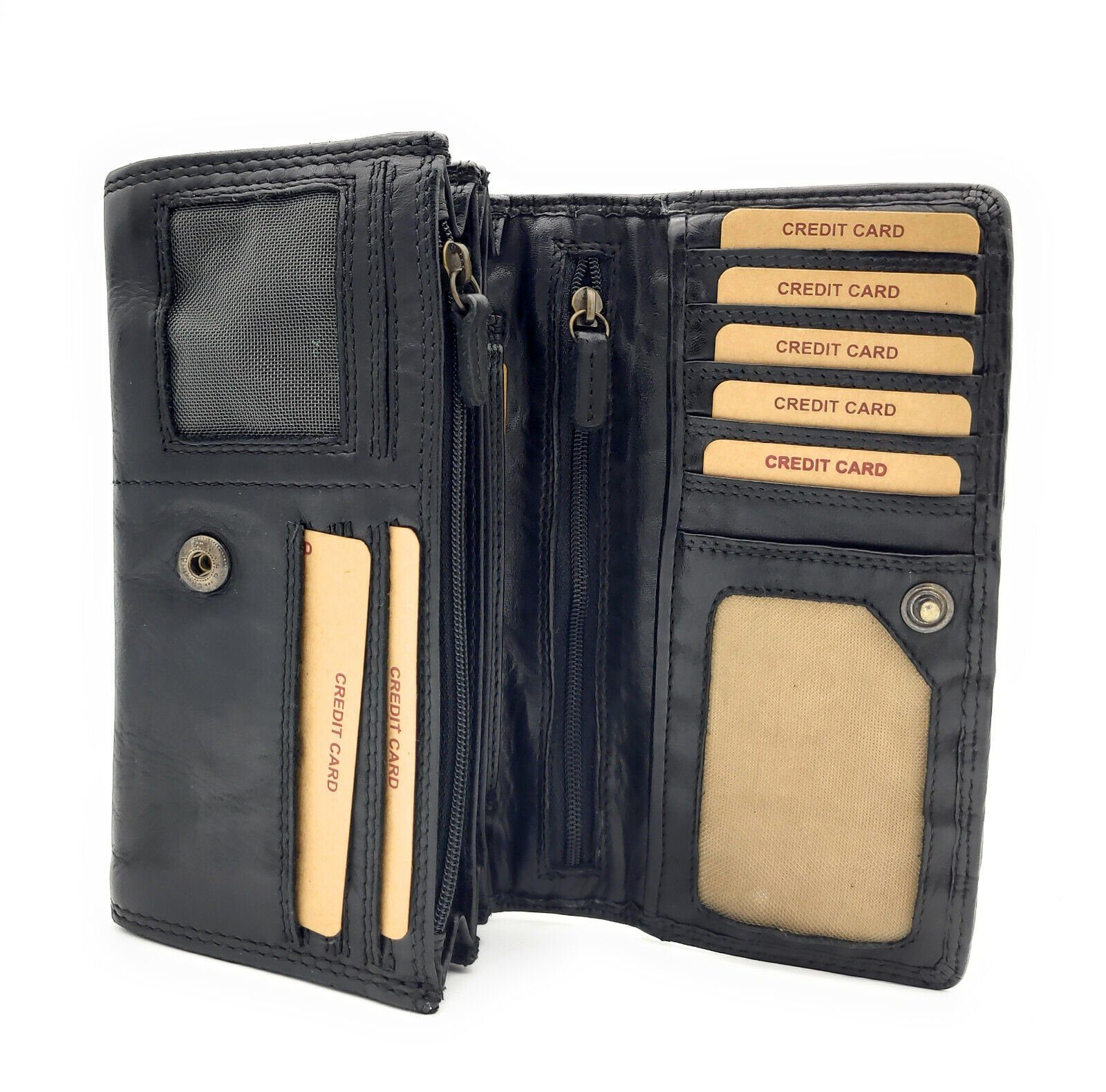 Hill Burry Geldbörse echt Leder Damen Portemonnaie Waschleder geflochten mit Nieten, RFID Schutz, Vintage Style, Used Look