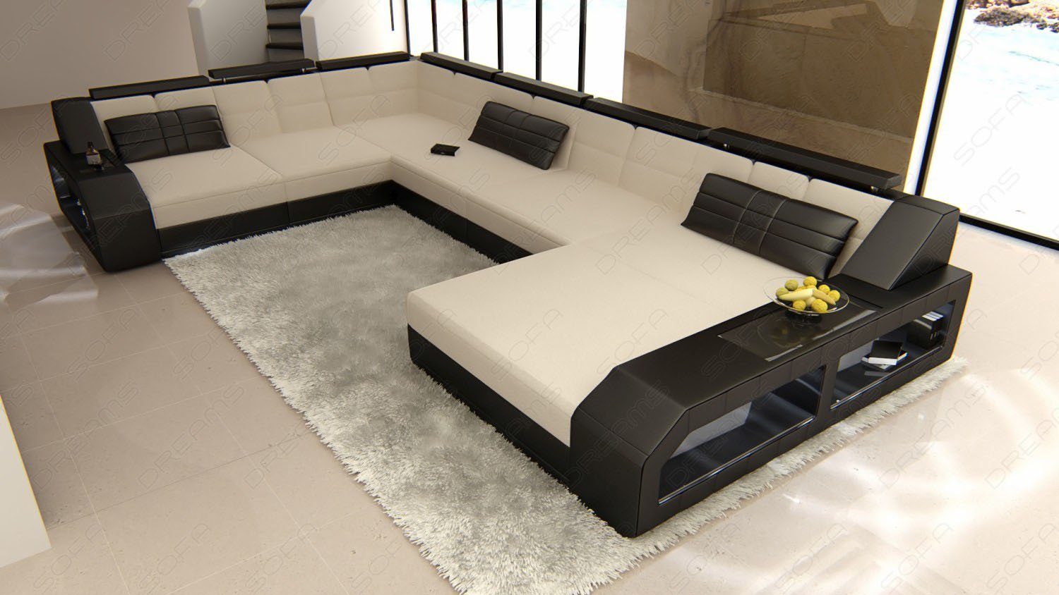 Sofa Dreams Wohnlandschaft Polster Sofa Stoff Matera XXL U Form Stoffsofa Couch, mit LED, wahlweise mit Bettfunktion als Schlafsofa, Designersofa C86 Elfenbein-Schwarz