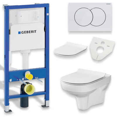 KOLMAN Vorwandelement WC SET: Wand-WC City CleanOn Weiß + Geberit Duofix Basic + Delta01 Weiß, inkl. Slim WC-Sitz mit Soft-close und Schallschutzmatte