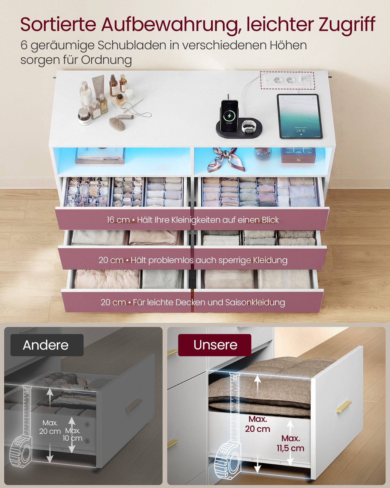 VASAGLE Kommode, Kommodenschrank mit LED-Beleuchtung und Steckdosenleiste, Sideboard