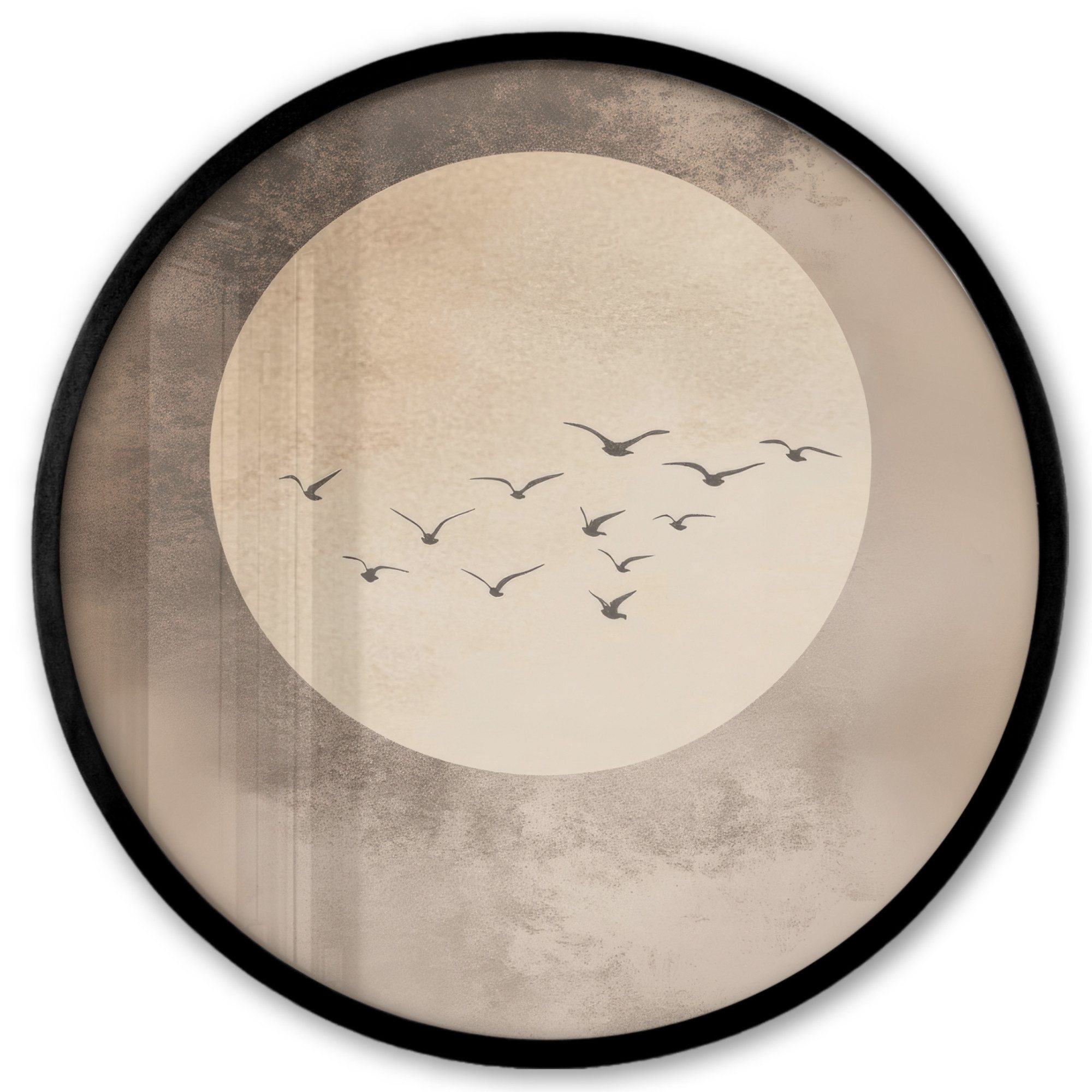 MuchoWow Плакат Rund - Vogel - Beige - Japanisch, (1 St), Runde Wandbilder, Deko für Wohnzimmer und Schlafzimmer, 40x40 cm