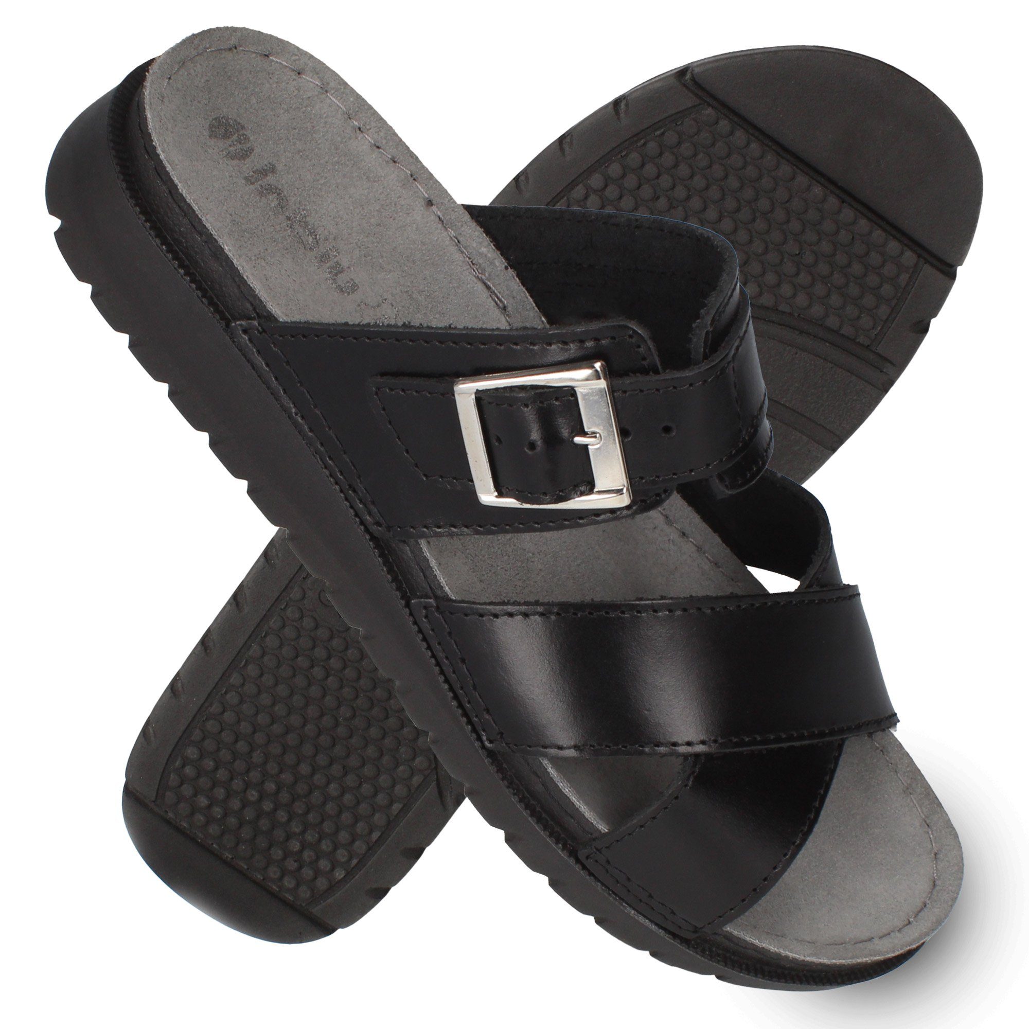 INBLU Rijeka Schwarze Leder Sandalen mit Schnalle Damen Römersandale Schnalle