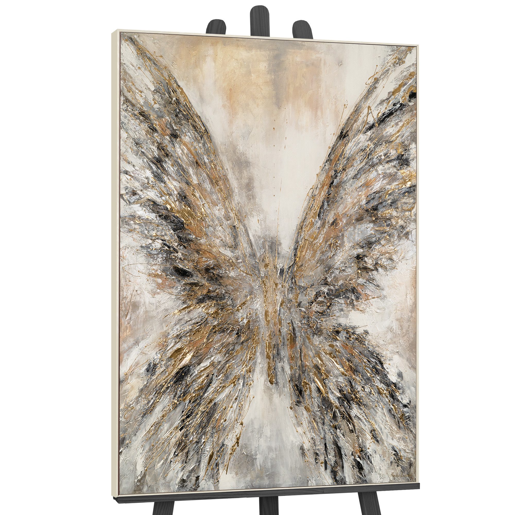 YS-Art Gemälde Goldene Flügel, Abstraktion, Schmetterling, Emgel in hellen Tönen gerahmt