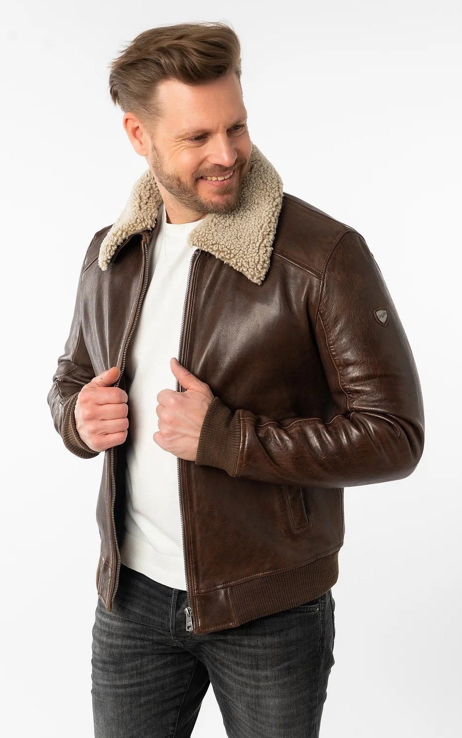 Mauritius Lederjacke MMBrovig aus Lammleder gefüttert mit Fellkragen