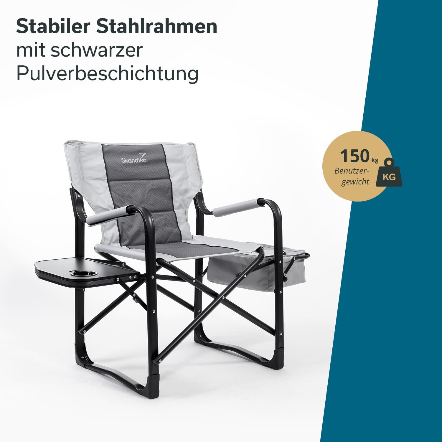 Skandika Campingstuhl Tepsa, Klappstuhl, Faltsessel, Anglerstuhl, Gartenstuhl, bis 150 kg (große Sitzfläche, wasserabweisend und atmungsaktiv), mit Tisch, Kühlfach, Getränkehalter, breit bequem, für Festival Strand