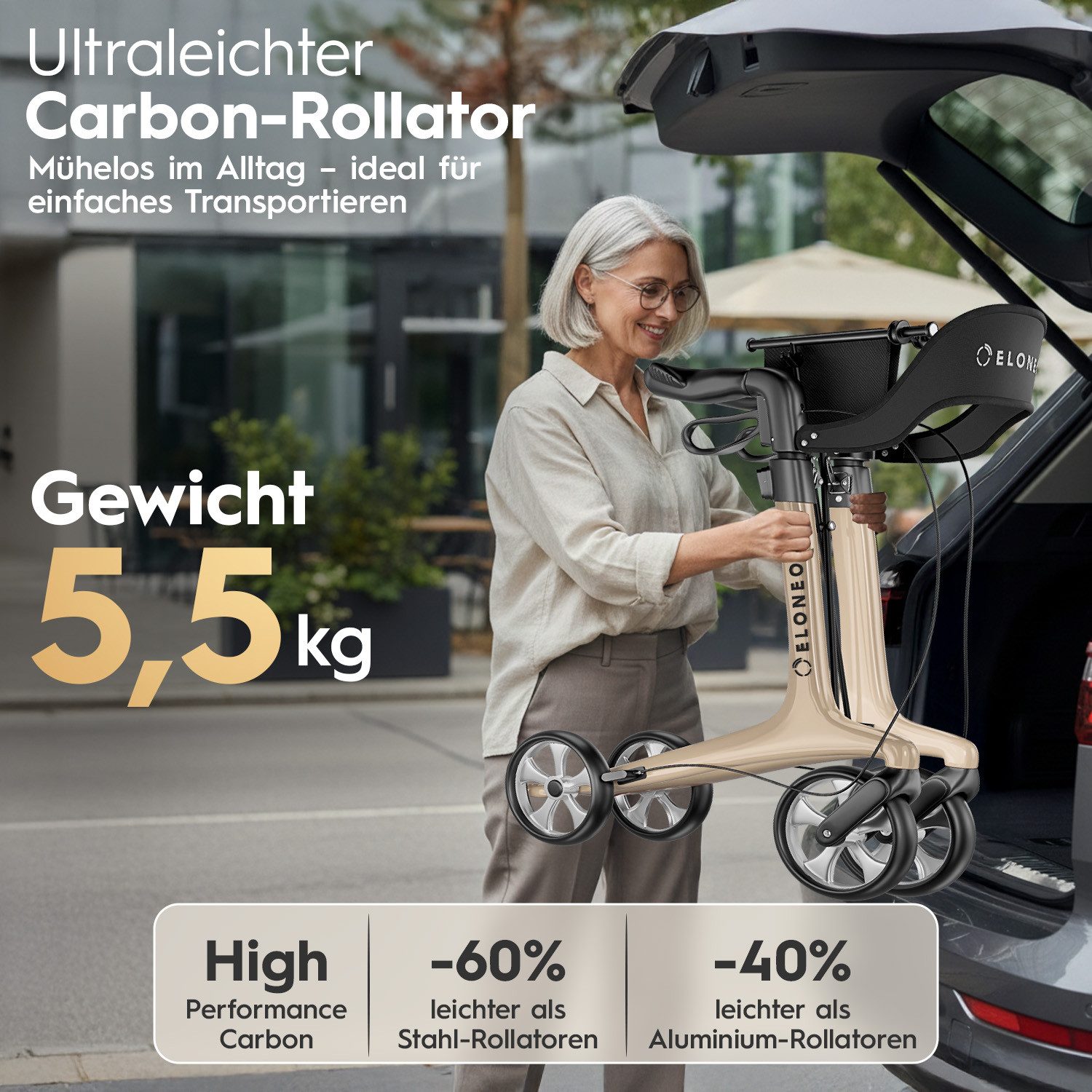 ELONEO Rollator aus Carbon, ultraleicht, faltbar, mit Sitz, Faltbarer Rollator mit Sitz, Rückenlehne, Einkaufstasche