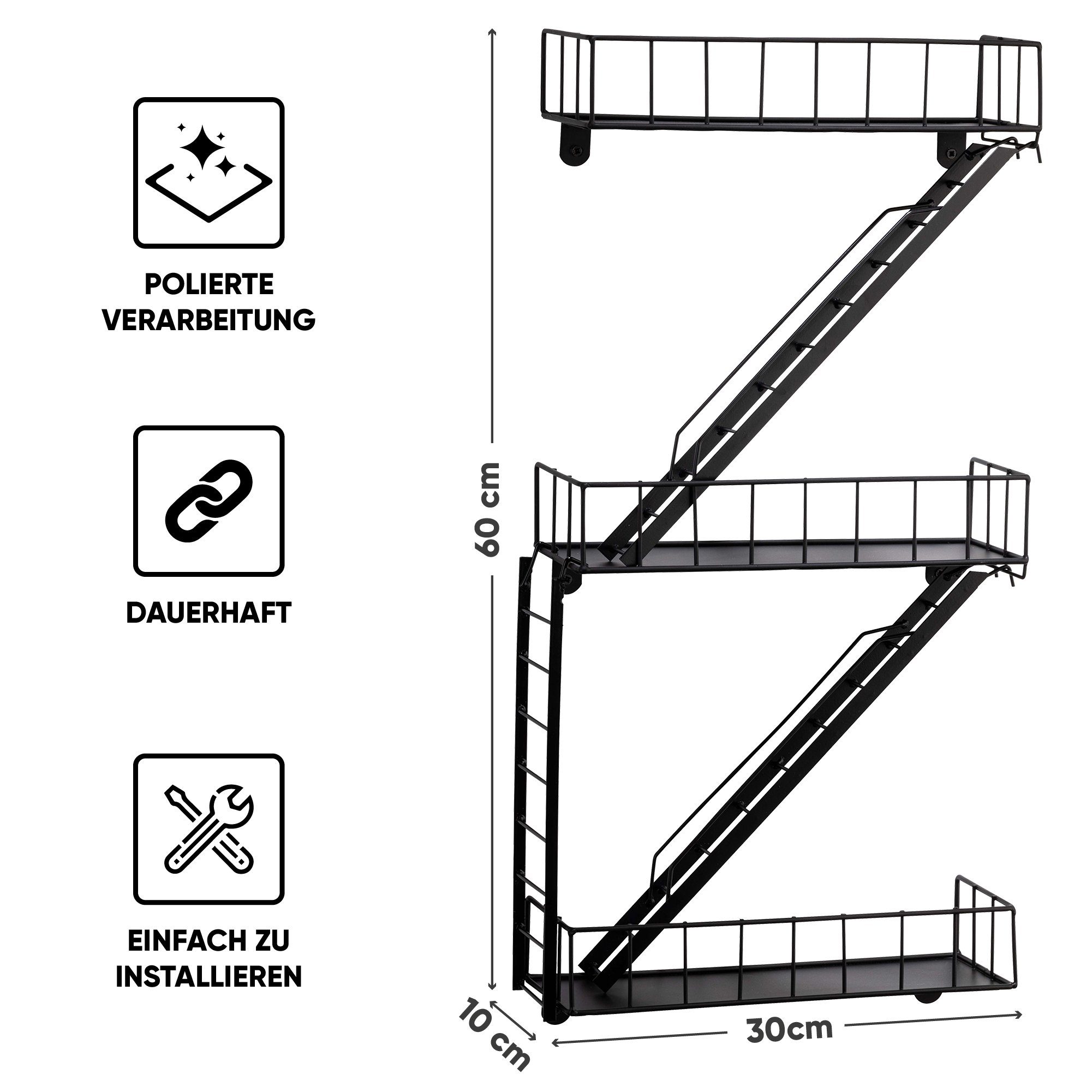 Fire Escape Wandregal – New York Design, 3 Ebenen, Metall, Verstellbar, Für Wohnzimmer & Schlafzimmer
