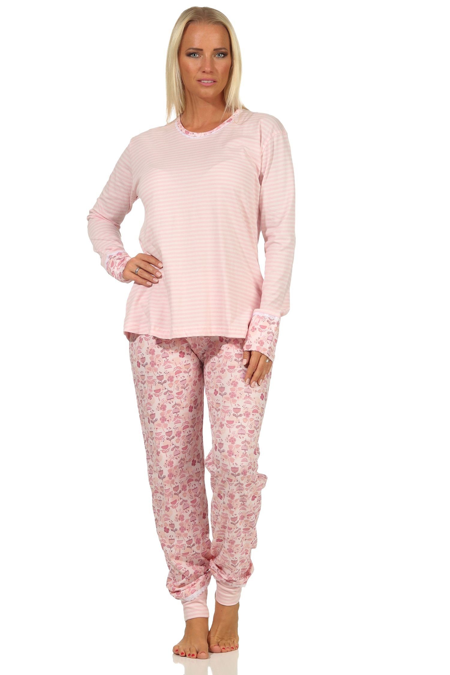 auch lang und Bündchen Spitze Normann mit in Damen rosa - Schlafanzug Pyjama Übergrößen