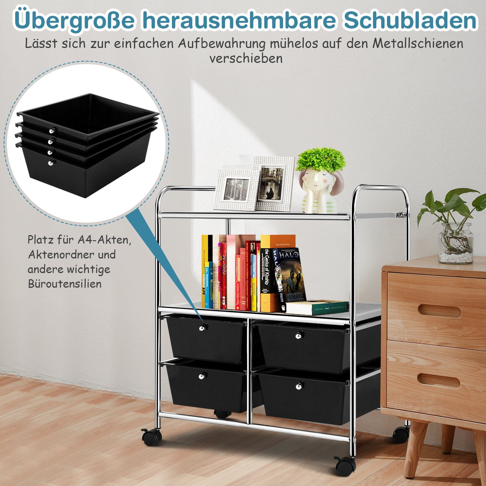 37 x75cm COSTWAY Schmal, mit x Regalen, 63,5 & Schubladen 4 Rollwagen, Schwarz