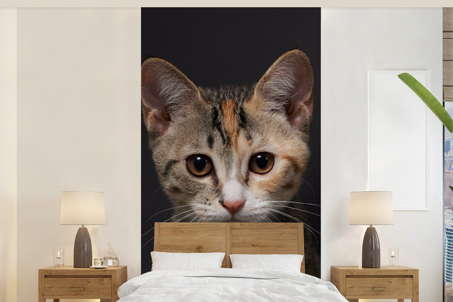 MuchoWow Fototapete Katze - Schwarz - Porträt, Matt, bedruckt, (2 St), Vliestapete für Wohnzimmer Schlafzimmer Küche, Fototapete