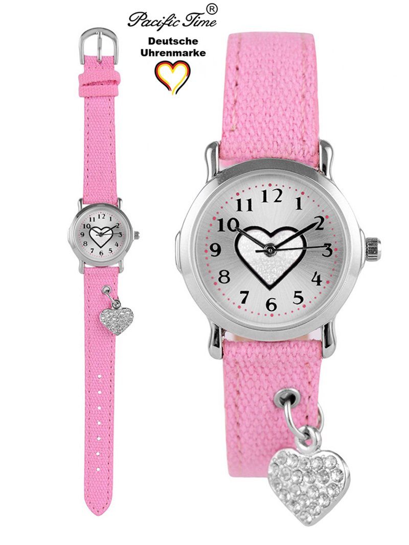 Pacific Time Quarzuhr Kinder mit Armbanduhr - Versand Armband Stoffarmband, weiss funkelndes Gratis rosa am Herzchen Herzanhänger