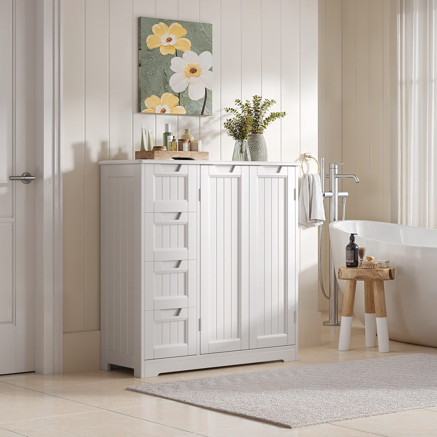 Bealife Kommode Badkommode, weiß mit 4 Schubladen und 1 Tür, verstellbare Ablage
