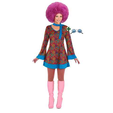 Karneval-Klamotten Hippie-Kostüm Damenkostüm Flower Power mit Hippie Brille, Kleid türkis-bunt, V-Ausschnitt, mit Haarband und blauer Brille